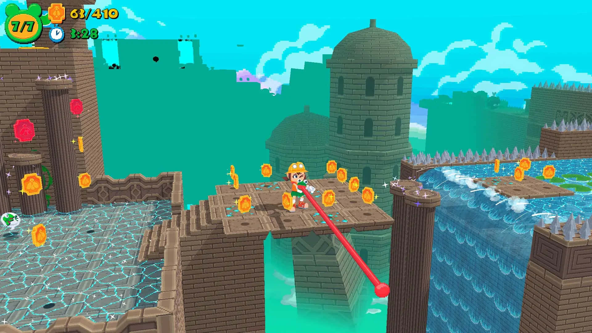 Platform Games 桌布 壁紙 — 瑪利歐喺一個充滿活力嘅3D渲染城堡關卡中跳過浮動石平台，下面有發光金幣同藍綠色水。