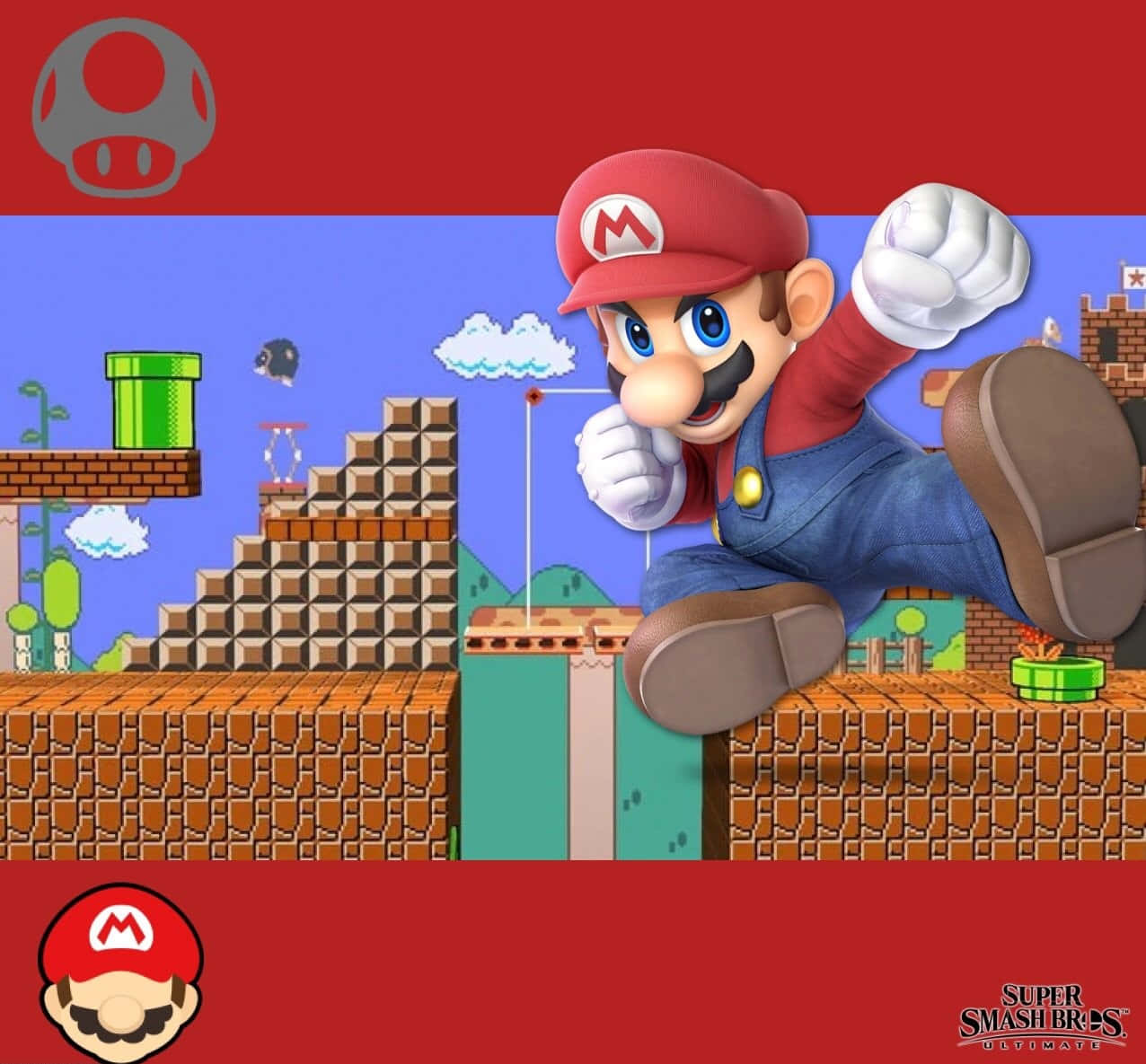 Mushroom Kingdom 桌布 壁紙 — 瑪利歐在經典的《任天堂明星大亂鬥》舞台上，動態跳躍穿過磚塊平台和標誌性遊戲元素。