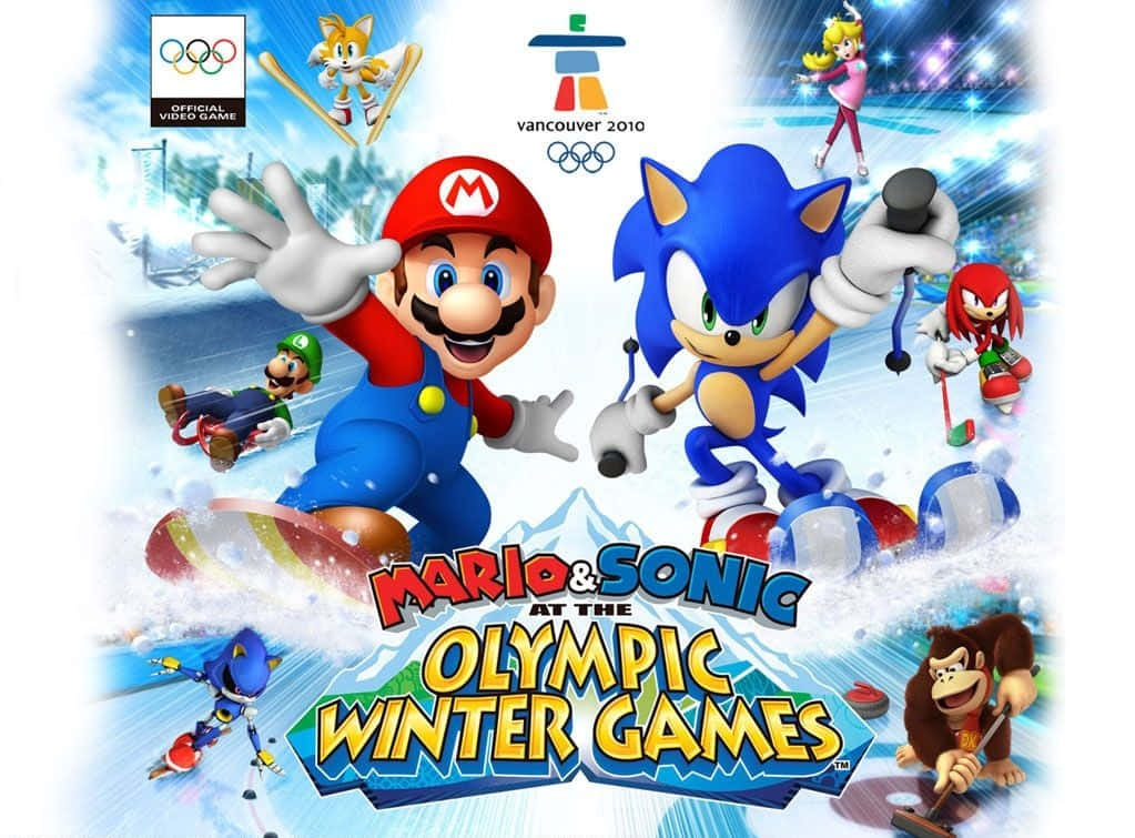 Winter Games 桌布 壁紙 — 瑪利歐與索尼克在溫哥華2010年冬季奧運會的鮮明電子遊戲海報中，沿著雪坡滑雪板滑下。