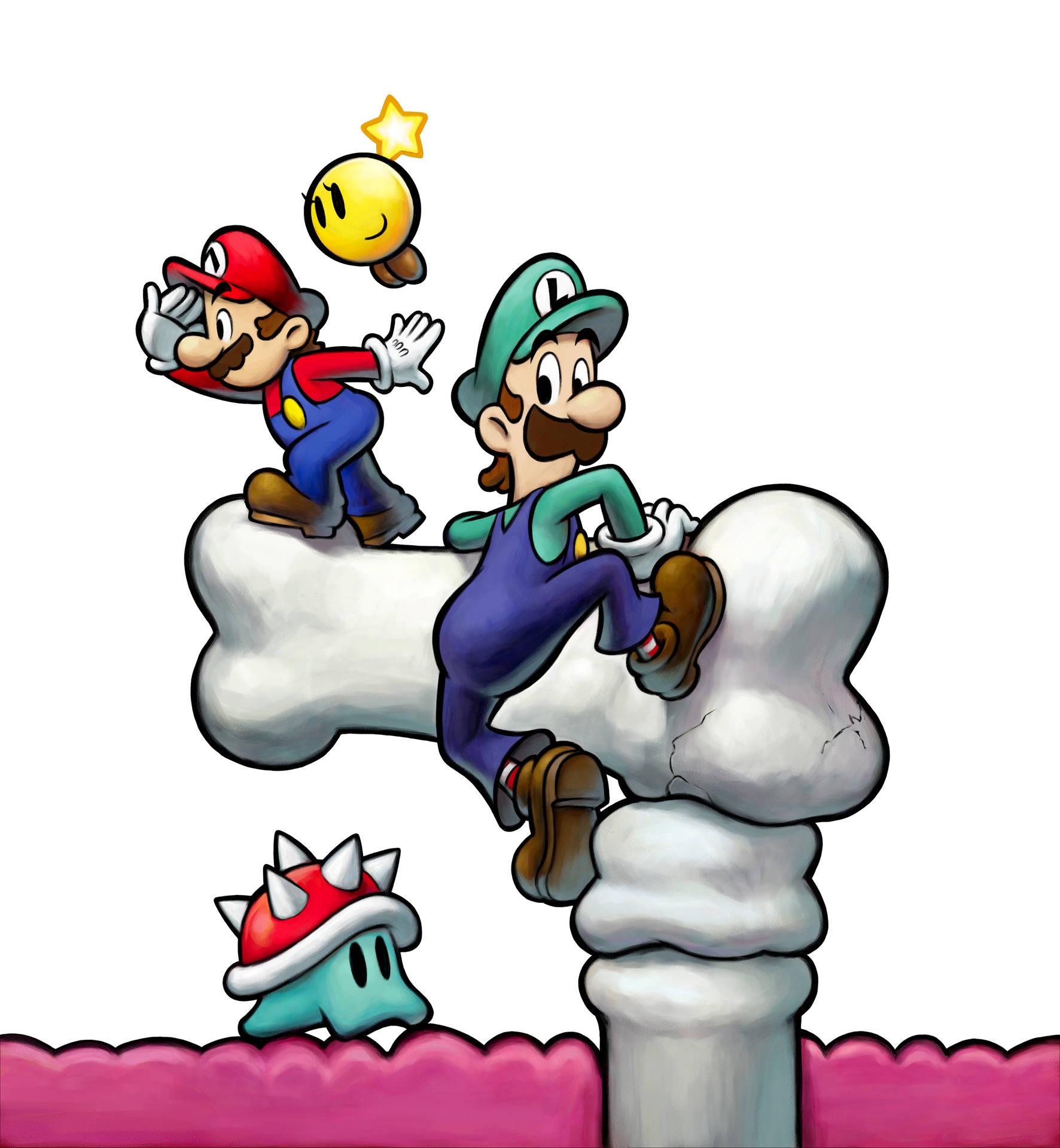 Mario 同 Luigi 爬緊一個骨頭，上面有粒星星，下面有隻 Goomba 睇住。