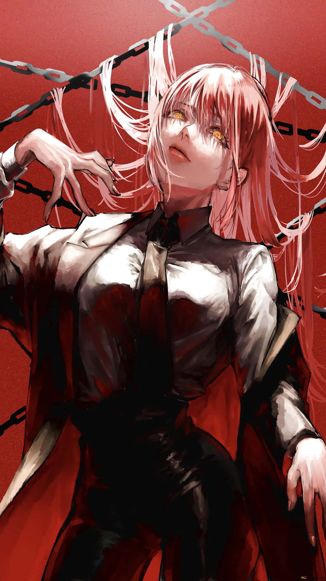 粉紅色頭髮、鎖鏈和金色眼睛的動漫女孩，穿著深紅色服裝。