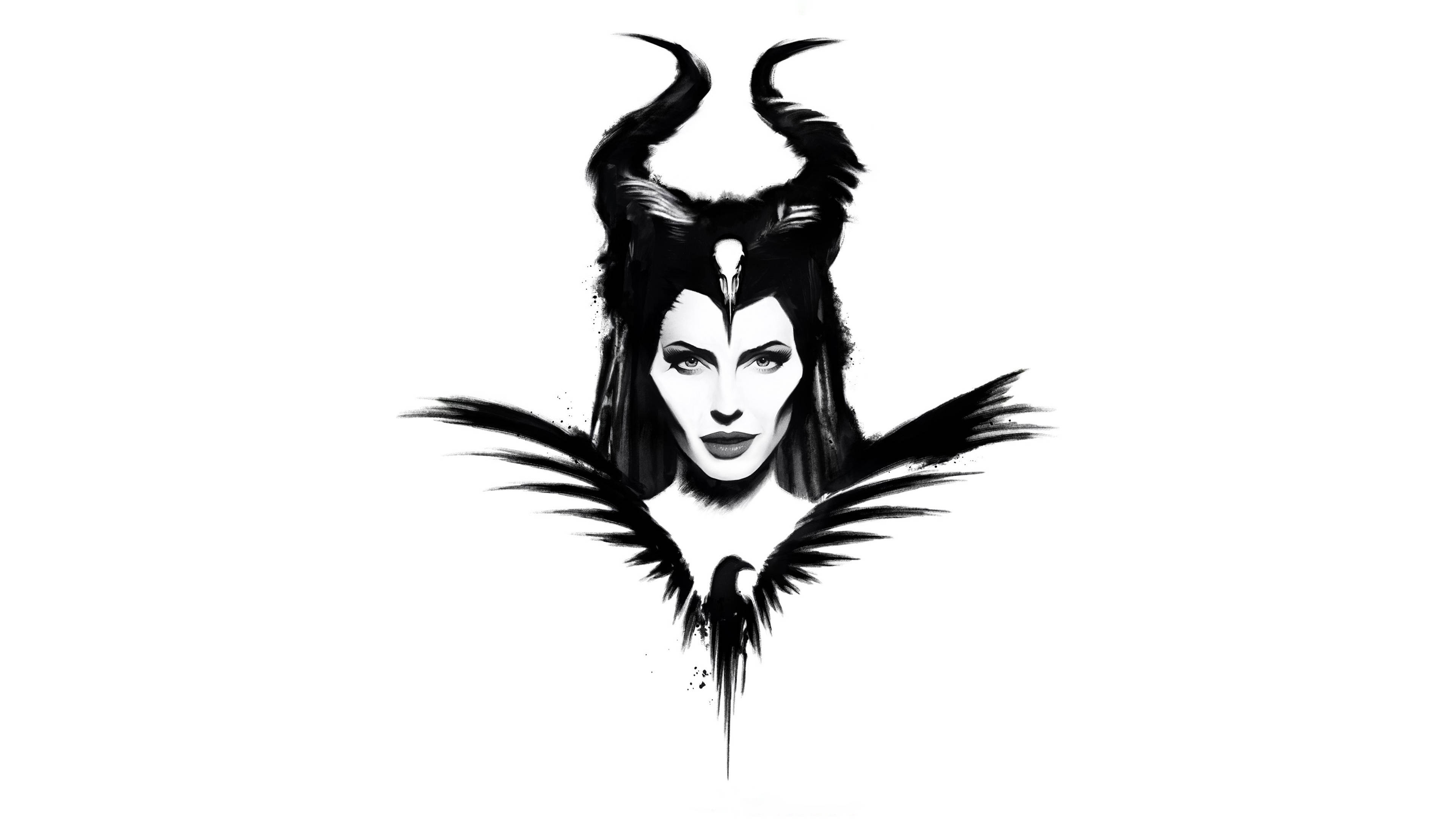 瑪琳菲森極簡設計 壁紙 — 一幅引人注目的黑白插圖，描繪了瑪琳菲森（Maleficent）頭上有角，腳下有一隻烏鴉，以大膽的墨水筆觸呈現。