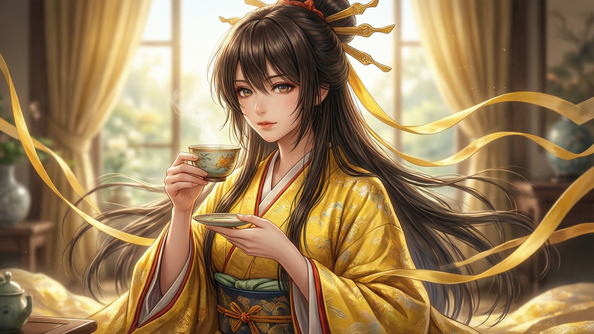 一位身穿金色和服的女子在室內靠近窗戶，手持茶杯，窗邊有飄動的黃色絲帶。