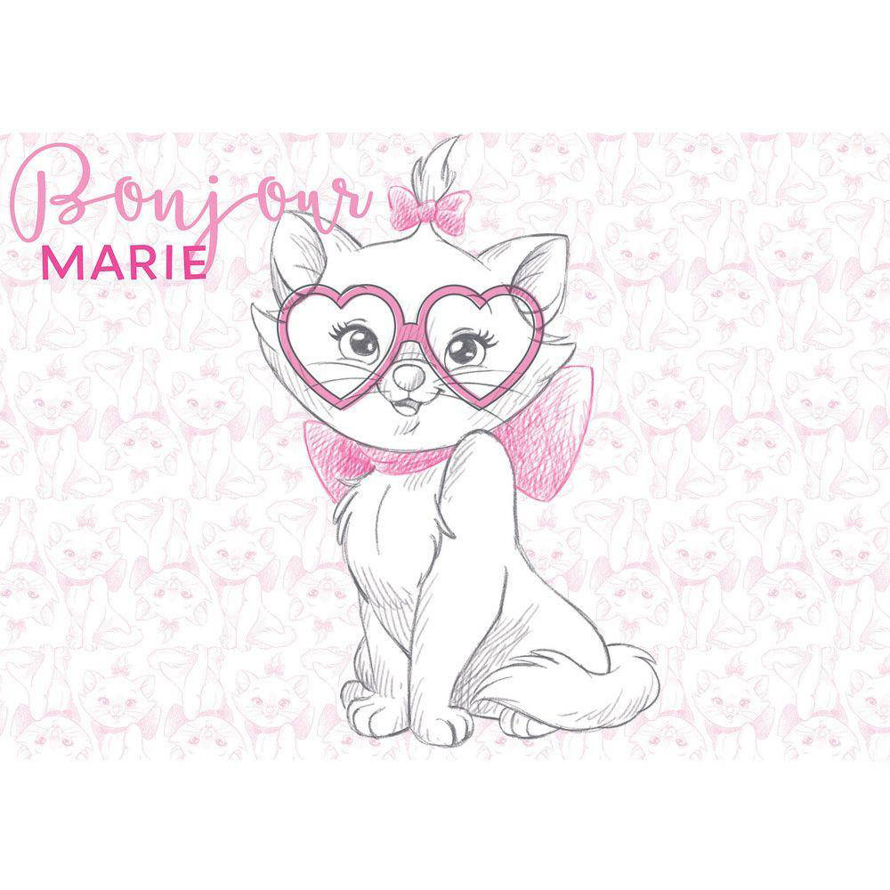 瑪莉貓「Bonjour Marie」 壁紙 — 一隻可愛的卡通貓咪戴著心形眼鏡和蝴蝶結，坐在粉紅色圖案背景上，上面有「Bonjour MARIE」文字。