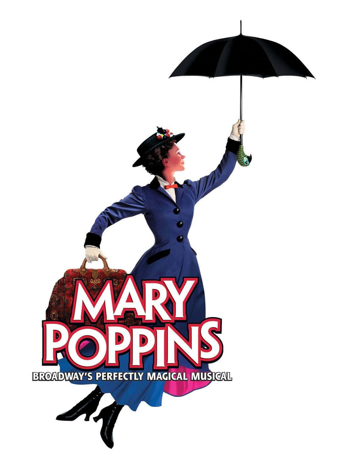 mary poppins 桌布 壁紙 — 瑪麗·波平斯在白色背景前優雅地飄浮，手持一把黑色雨傘和一個圖案行李箱。