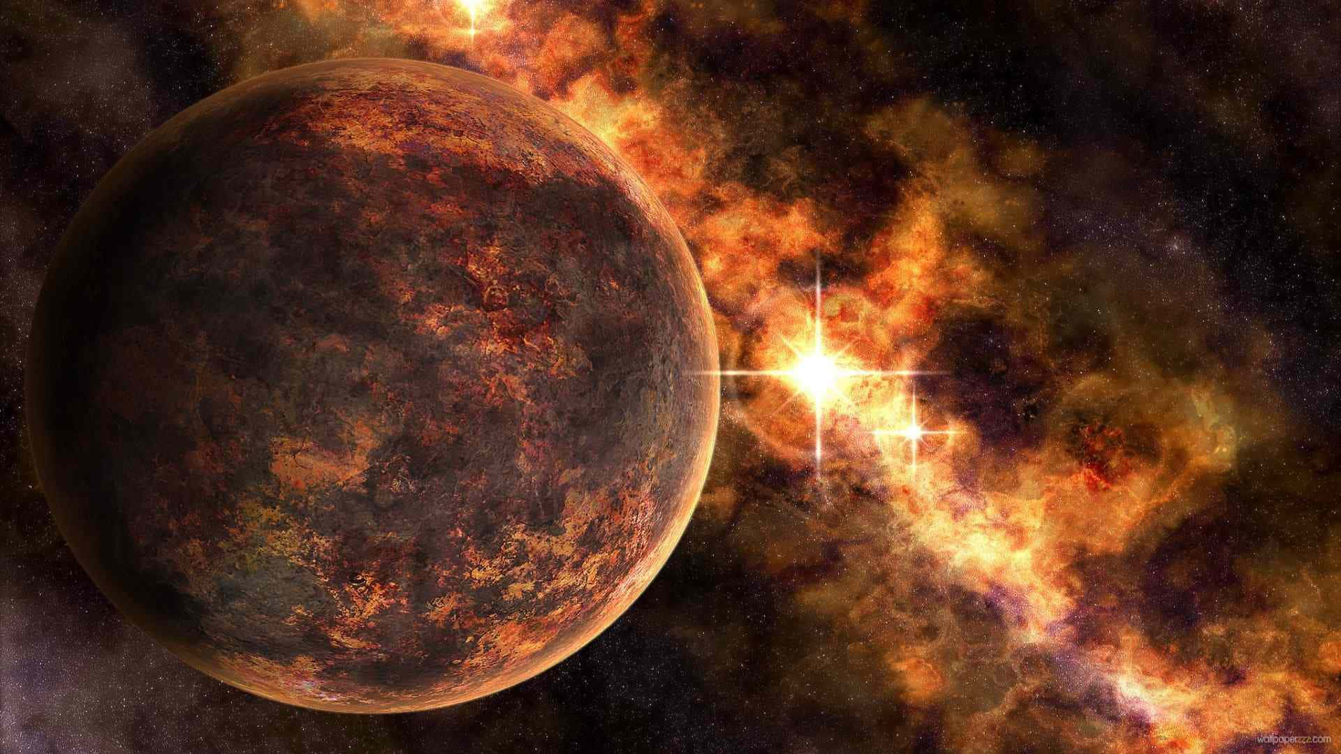 一顆發光的行星繞著一顆明亮的恆星運行，周圍環繞著熾熱的星雲雲團。