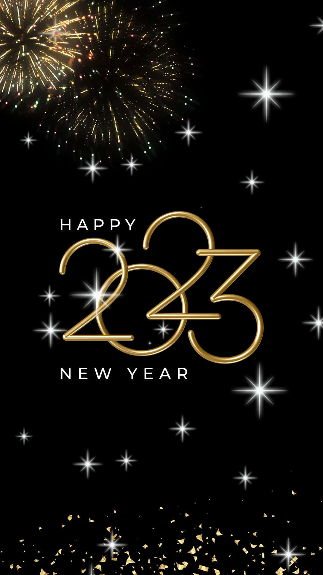 金色2023新年文字，煙花星星同紙碎喺黑色背景上