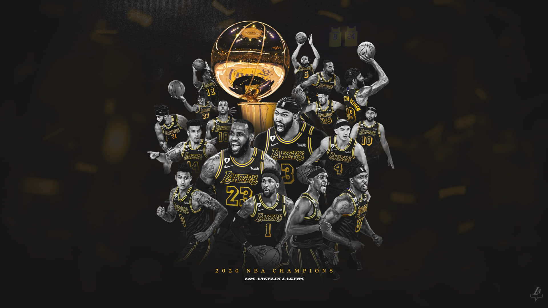 洛杉磯湖人籃球隊以獎盃和五彩紙屑慶祝2020年NBA冠軍。