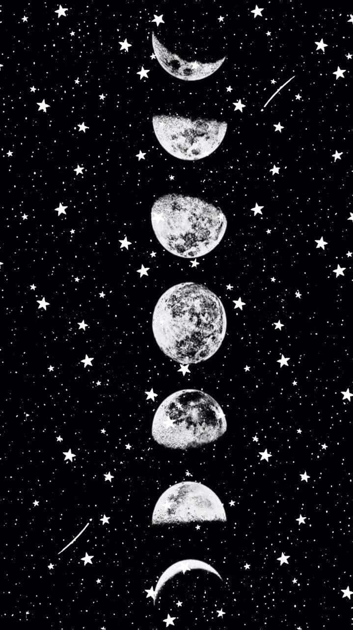 垂直月相週期，背景為繁星點點的夜空和流星。