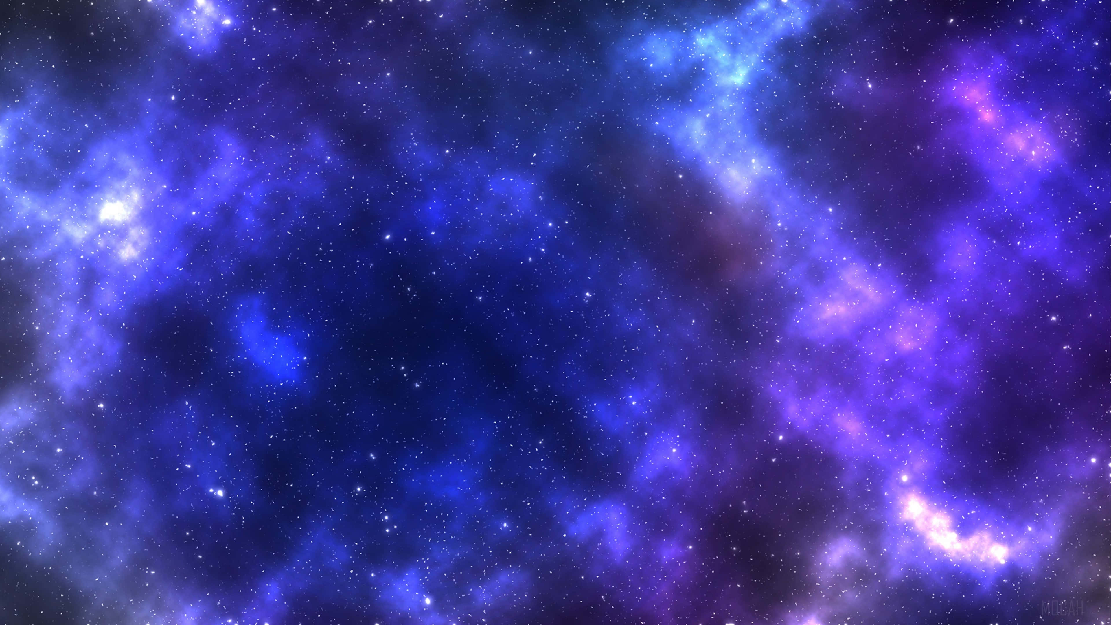 璀璨星雲夜空 壁紙 — 宇宙星雲在深藍和紫色中旋轉，點綴著閃爍的星星，襯托著黑暗的虛空。