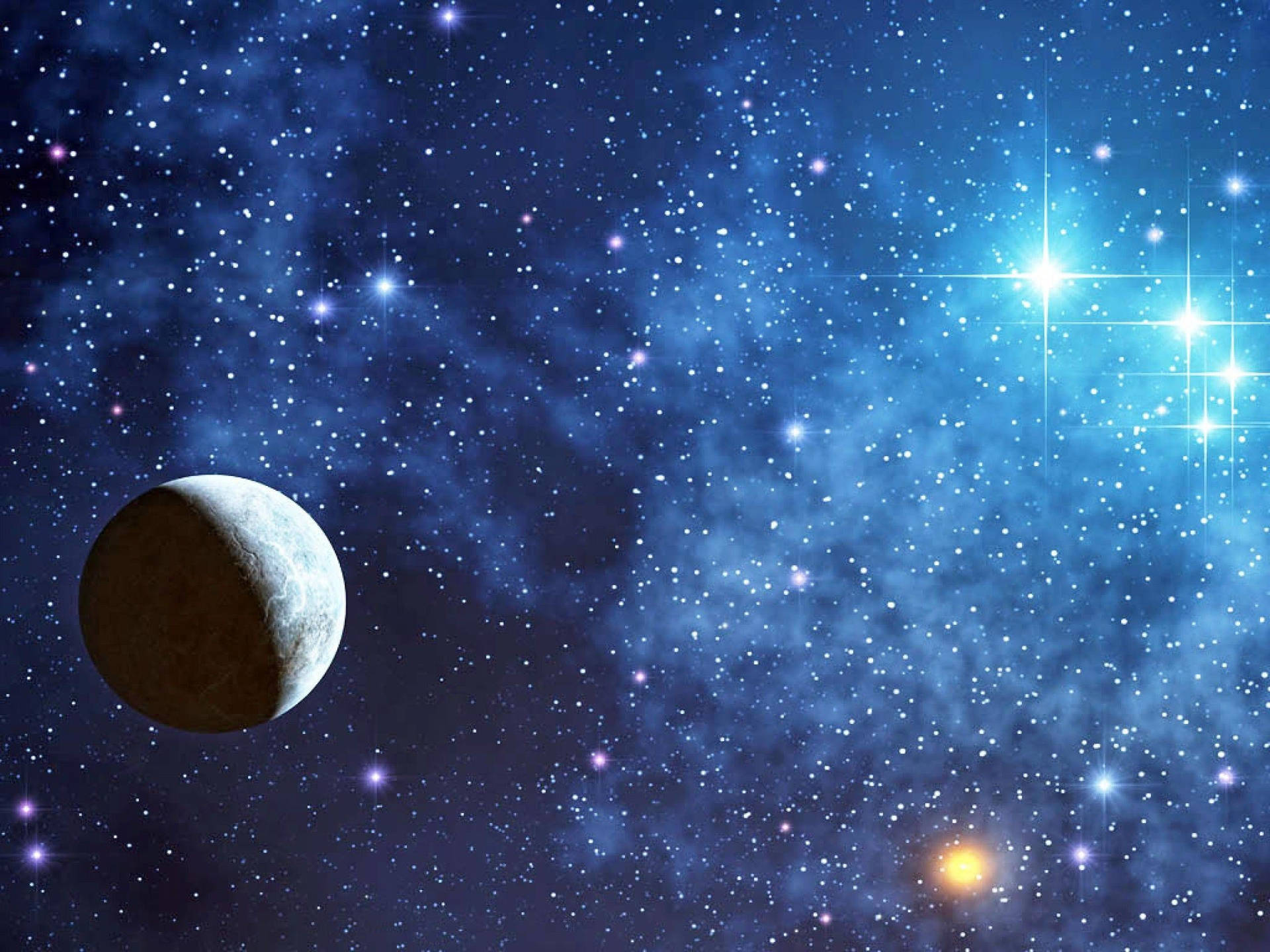一顆行星漂浮在佈滿星星的藍色宇宙中。 — 月亮與星星動畫 壁紙