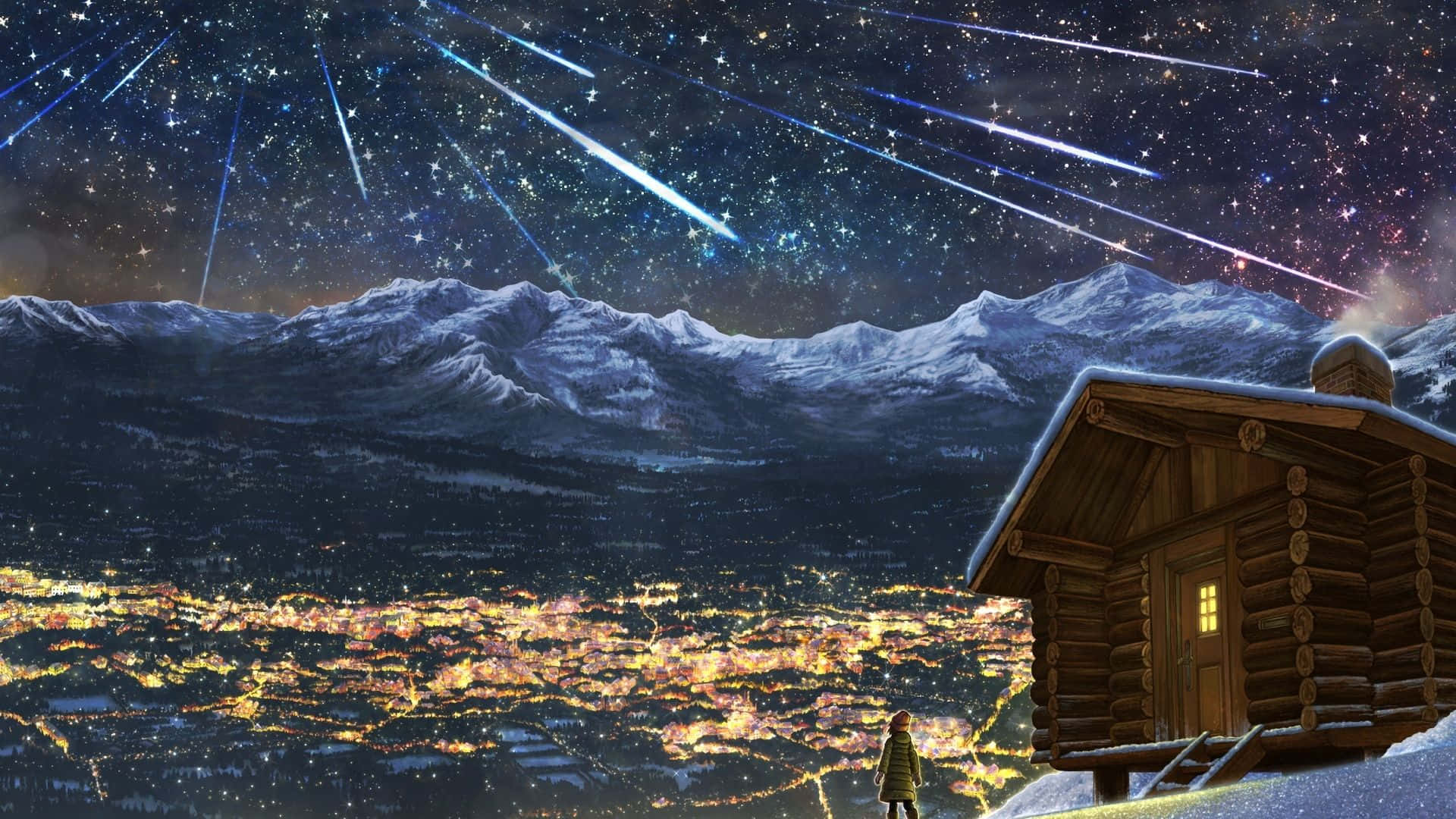 孩子從雪地木屋凝視流星，俯瞰發光的山谷小鎮。