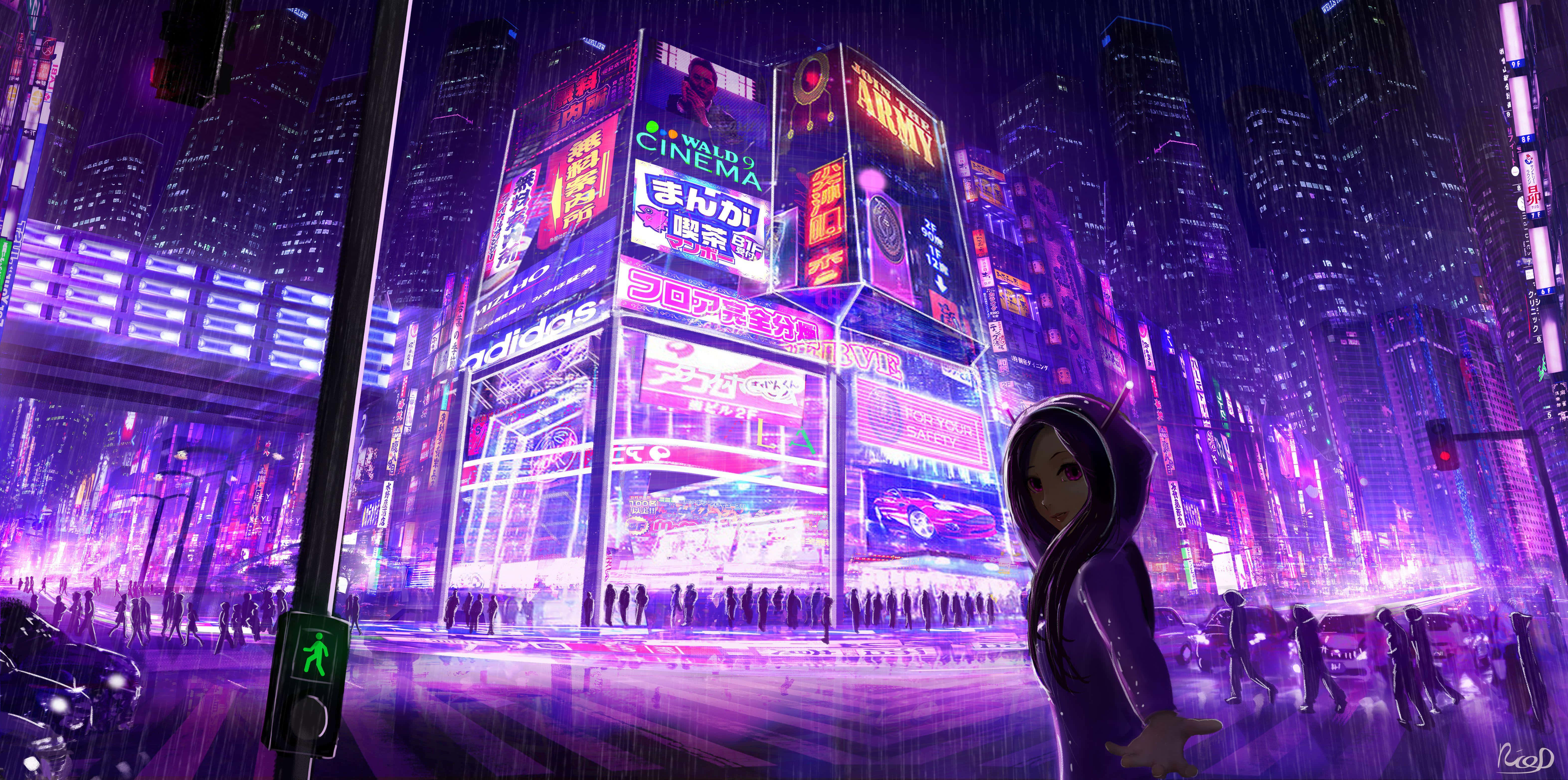 璀璨燈光，繁華都市 壁紙 — 一個孤獨的戴帽人影站在雨濕的霓虹浸染的賽博龐克城市景觀中，紫色和粉紅色的數碼廣告牌閃閃發光。
