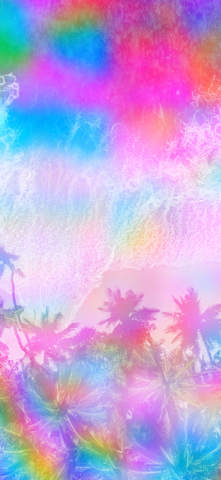 棕櫚樹在海灘上以彩色彩虹天空為背景形成剪影。