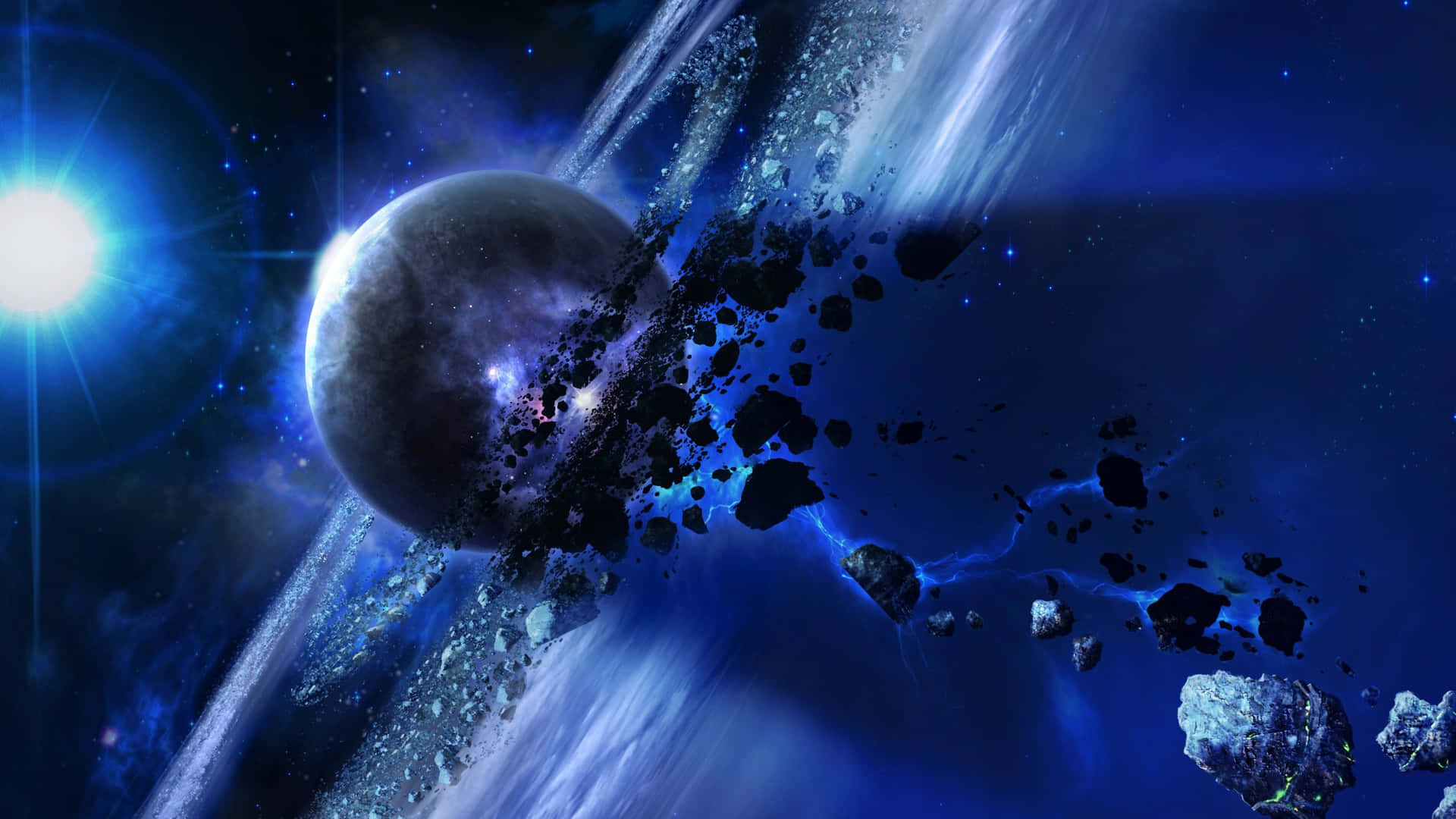 行星和小行星在星光閃爍的太空中移動，伴隨著藍色星雲。