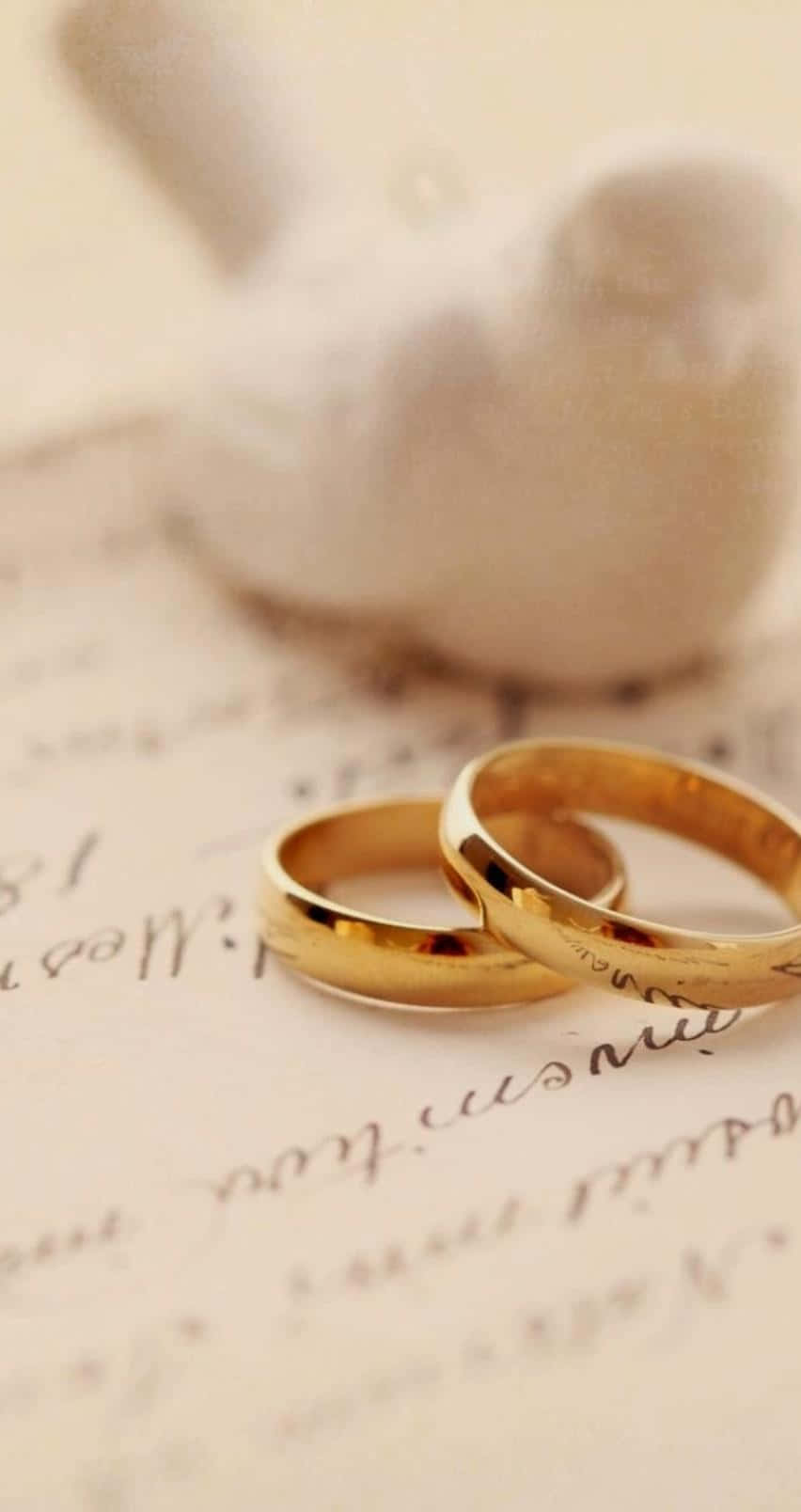 手寫紙上的兩枚金色結婚戒指和一個白色鴿子雕像。