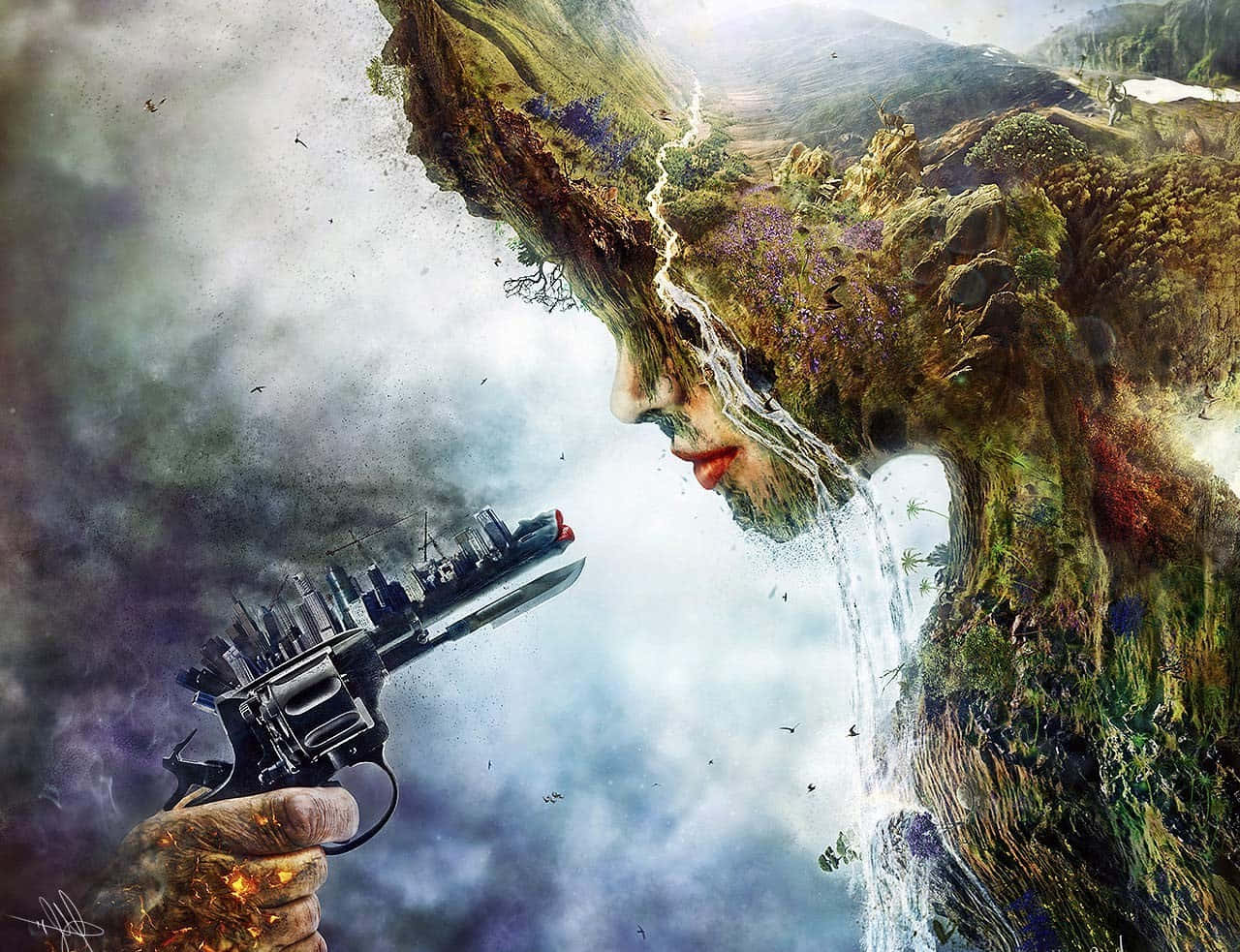一隻手握著一支左輪手槍，槍管中出現城市景觀，瞄準了一個帶有瀑布的山脈面孔。