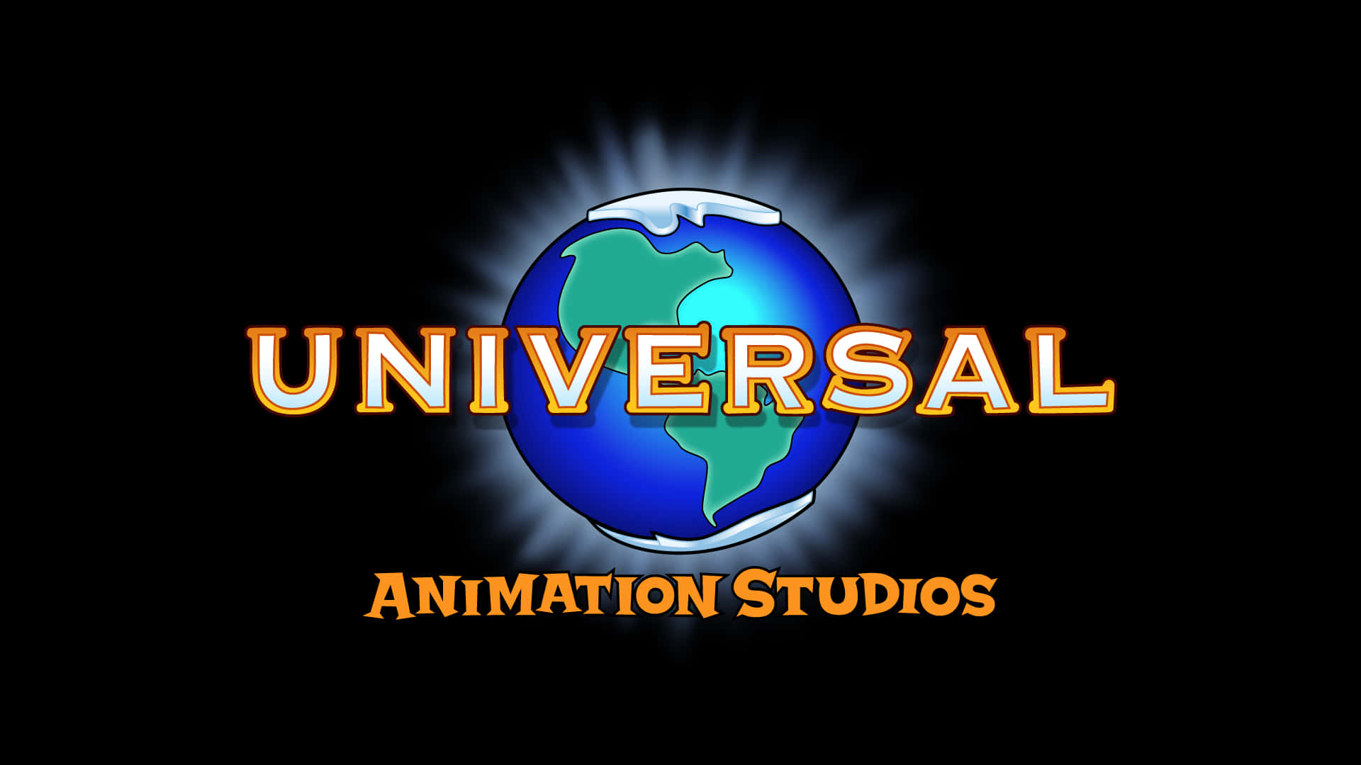 Universal Animation Studios 標誌，帶有發光的地球儀和黑色背景上的橙色文字。