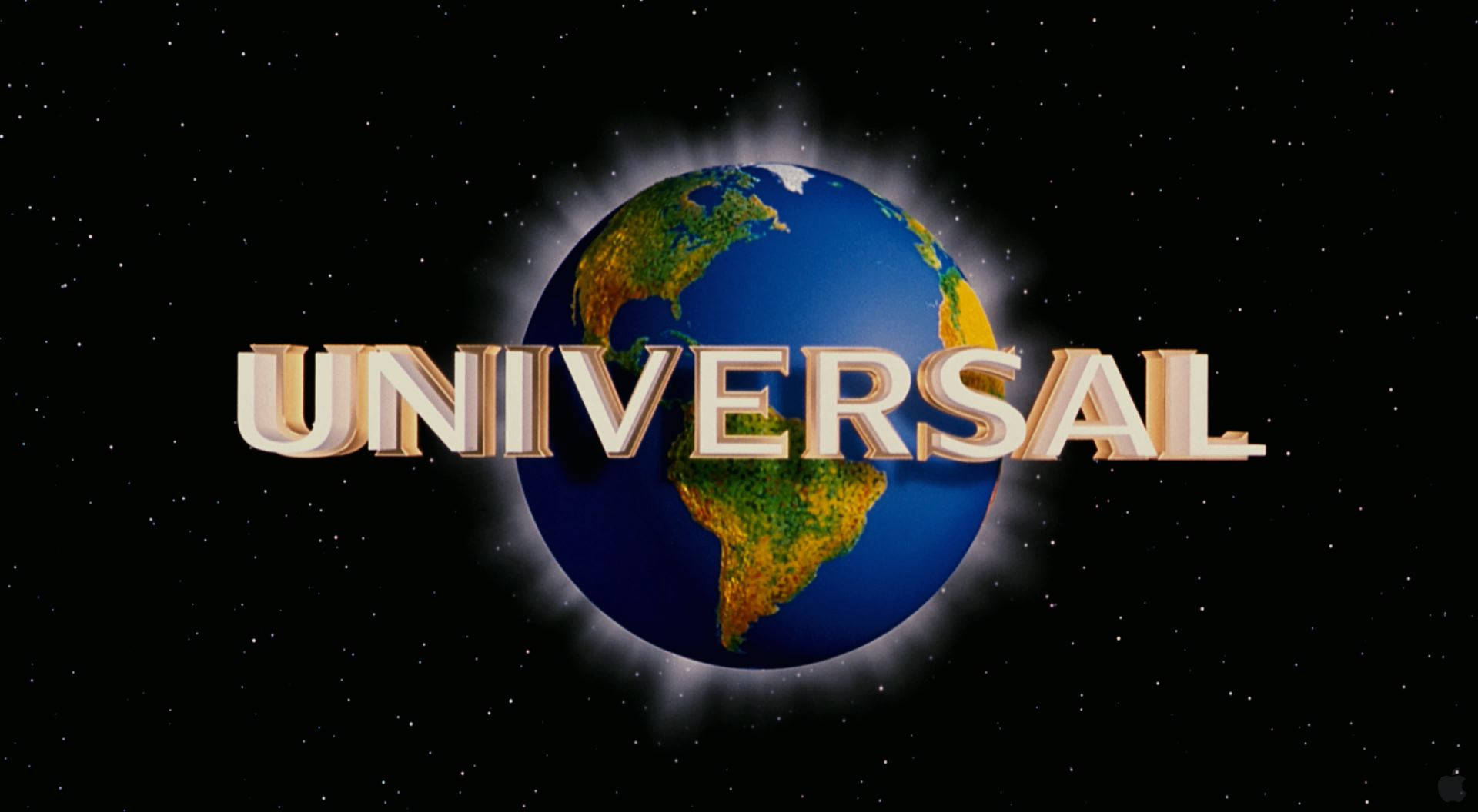 環球影城經典標誌 壁紙 — UNIVERSAL 一詞以金色 3D 字母發光，背景是星空黑色太空中的藍色地球。