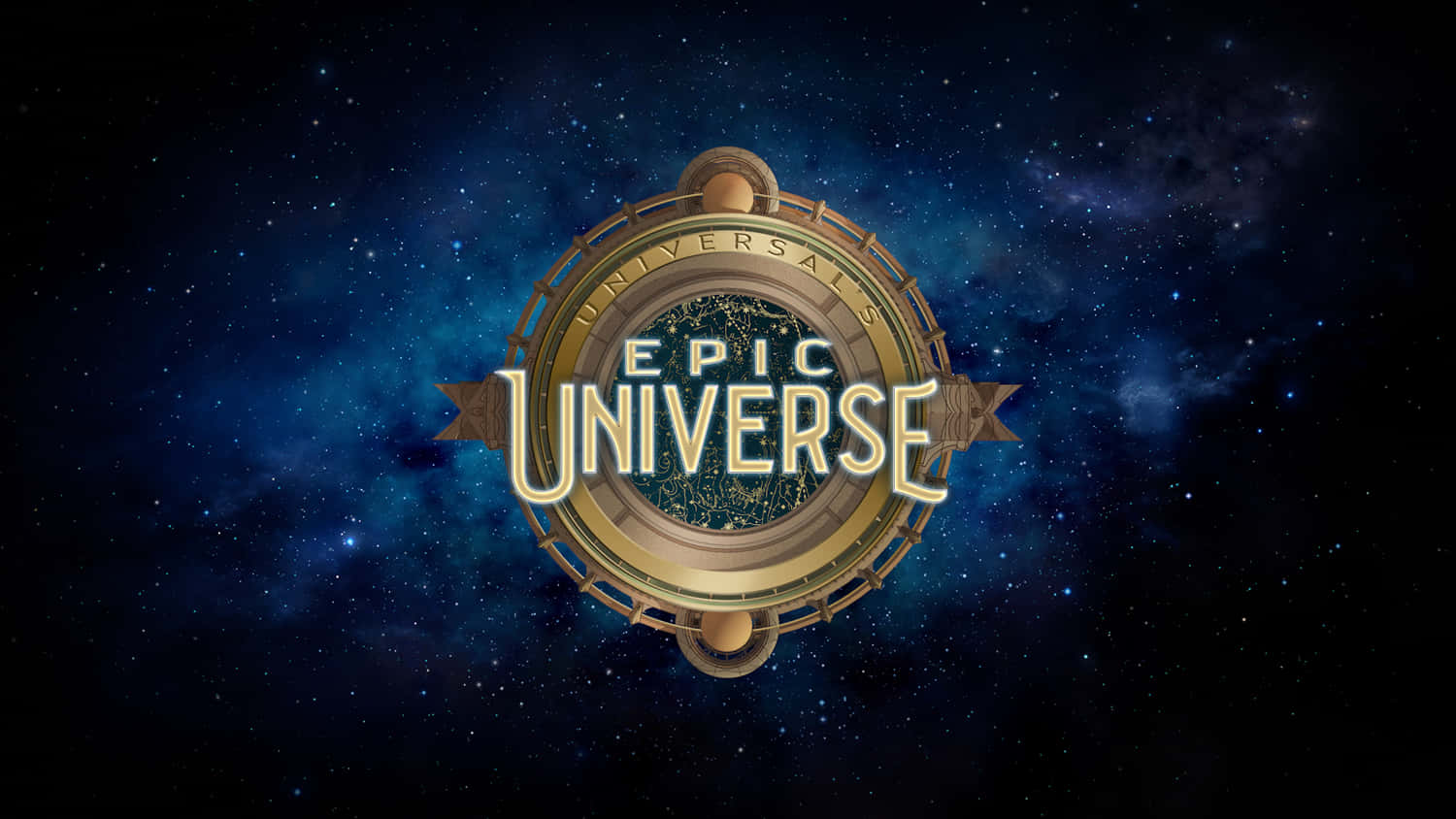 金色指南針標誌，上面寫著 Epic Universe，背景是星光閃爍的太空。