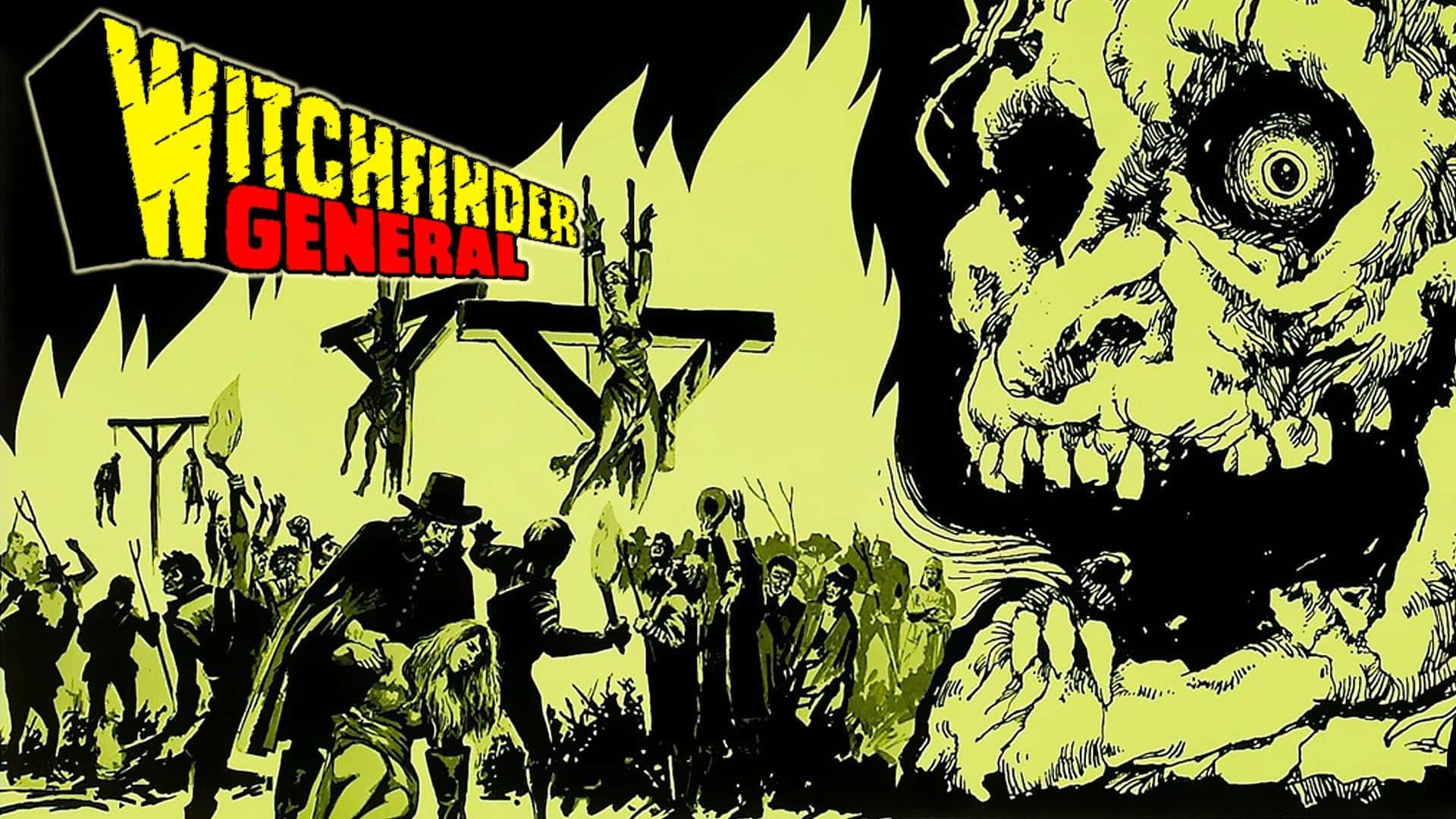 Witchfinder General 漫畫書封面，有人群、被絞死的人物和怪物骷髏。