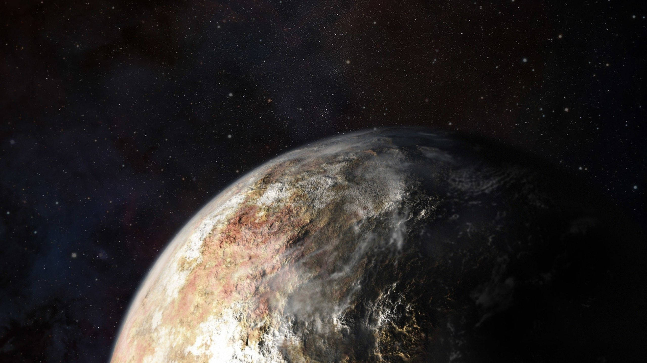 環繞冥王星的星辰 壁紙 — 一個崎嶇的外星行星，帶有微紅和灰色的地形，在星光下於黑暗的宇宙背景中發光。