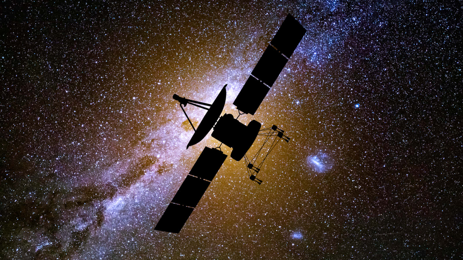 環繞地球的太空衛星 壁紙 — 衛星剪影在充滿活力的星場中運行，周圍有發光的星雲和宇宙塵埃。