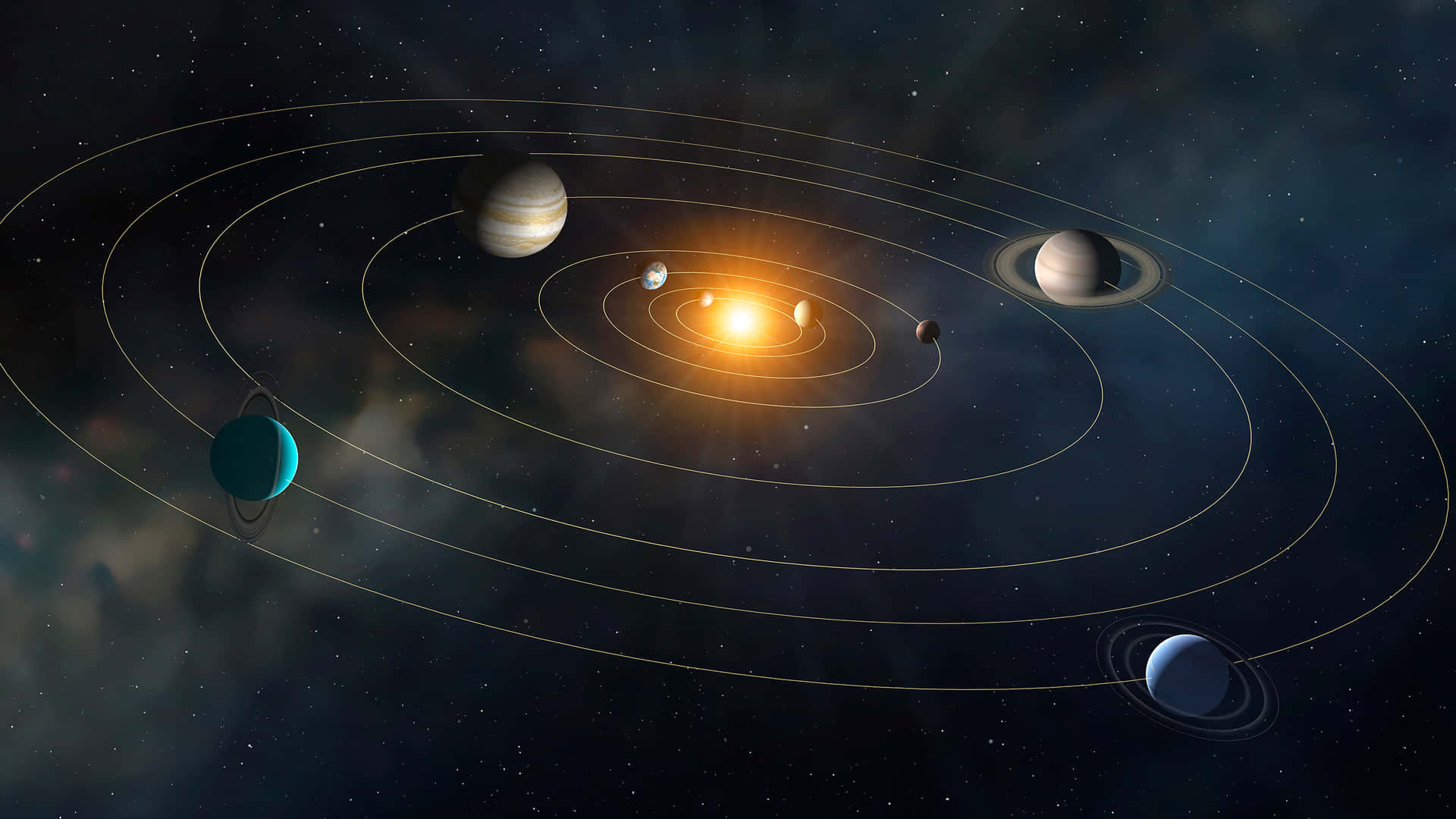 太陽系，行星在深空中圍繞明亮的太陽運行。