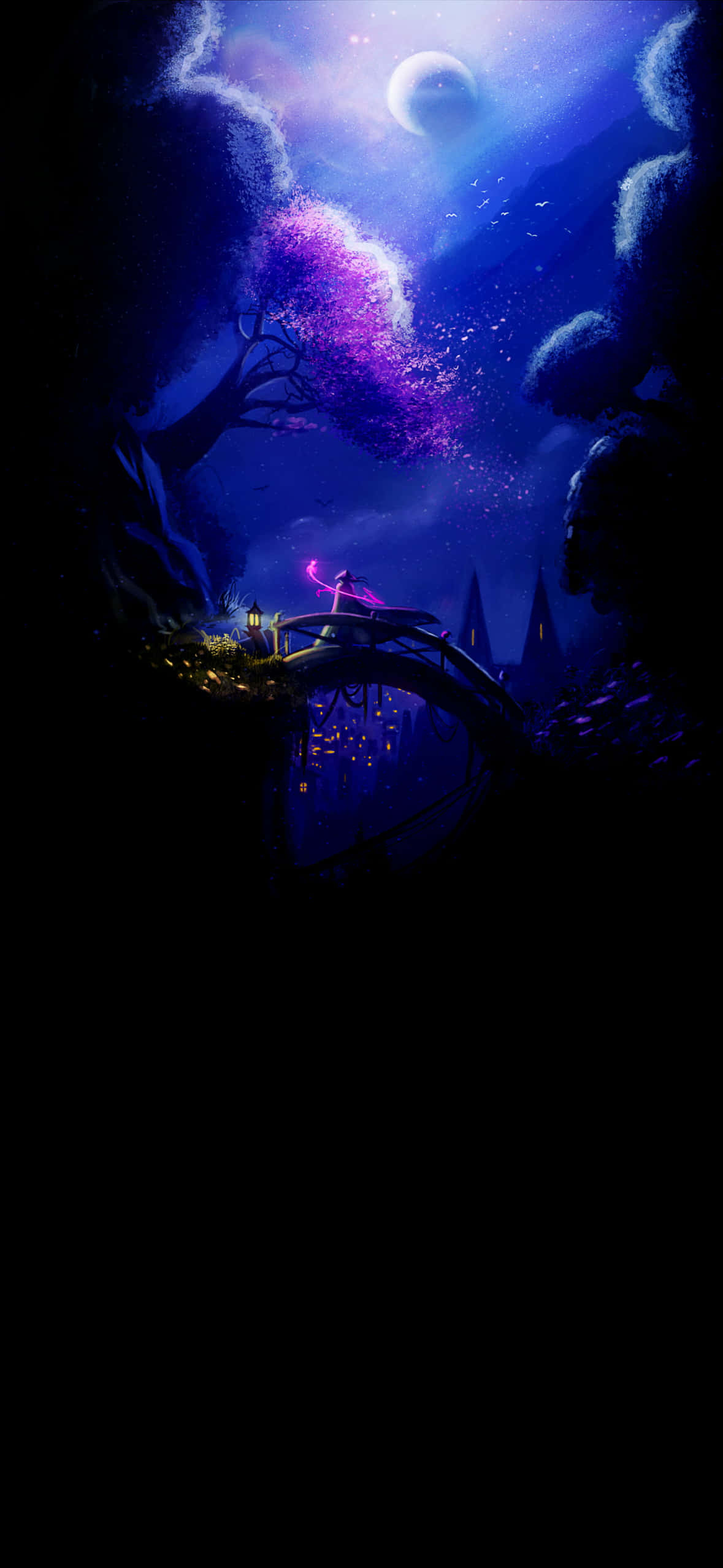 環繞海洋的小島海景 壁紙 — 一個孤獨的身影站在橋上，橋下是發光的紫色樹木，上方是新月，身處神秘的夜晚森林中。