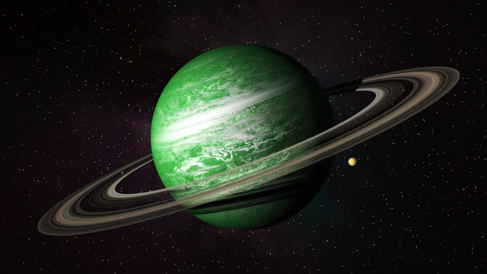 深空中被星星環繞的帶有光環的綠色行星