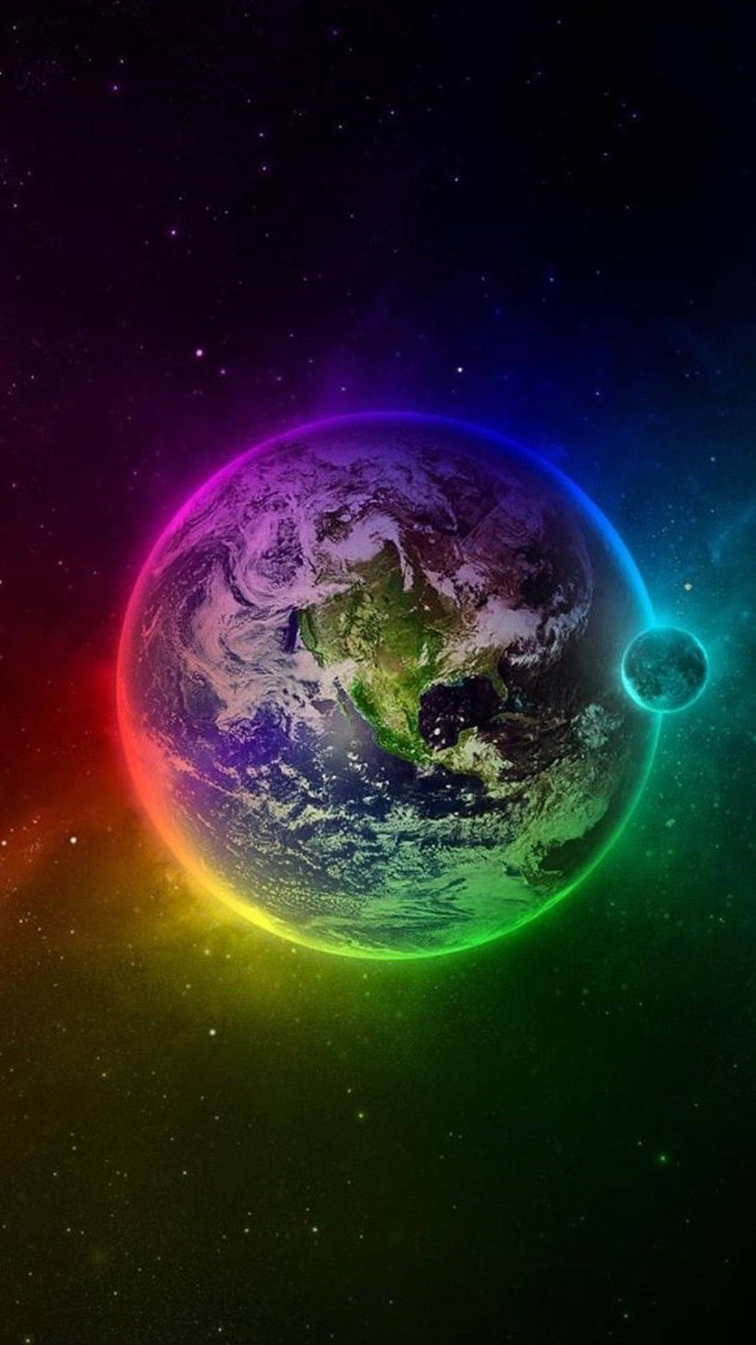 環繞霓虹燈光的地球手機壁紙 壁紙 — 一道充滿活力的彩虹光環籠罩著地球，背景是繁星點點的宇宙，附近還有一顆小月亮。