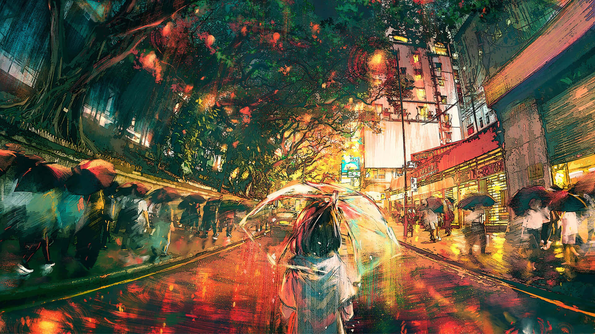 人撐透明雨傘在雨夜霓虹城市中行走