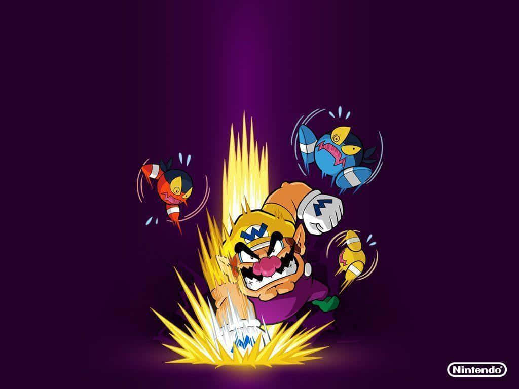 wario 桌布 壁紙 — 瓦利奧一拳擊穿黃色能量爆發，三條受驚的魚向後飛向深紫色背景。