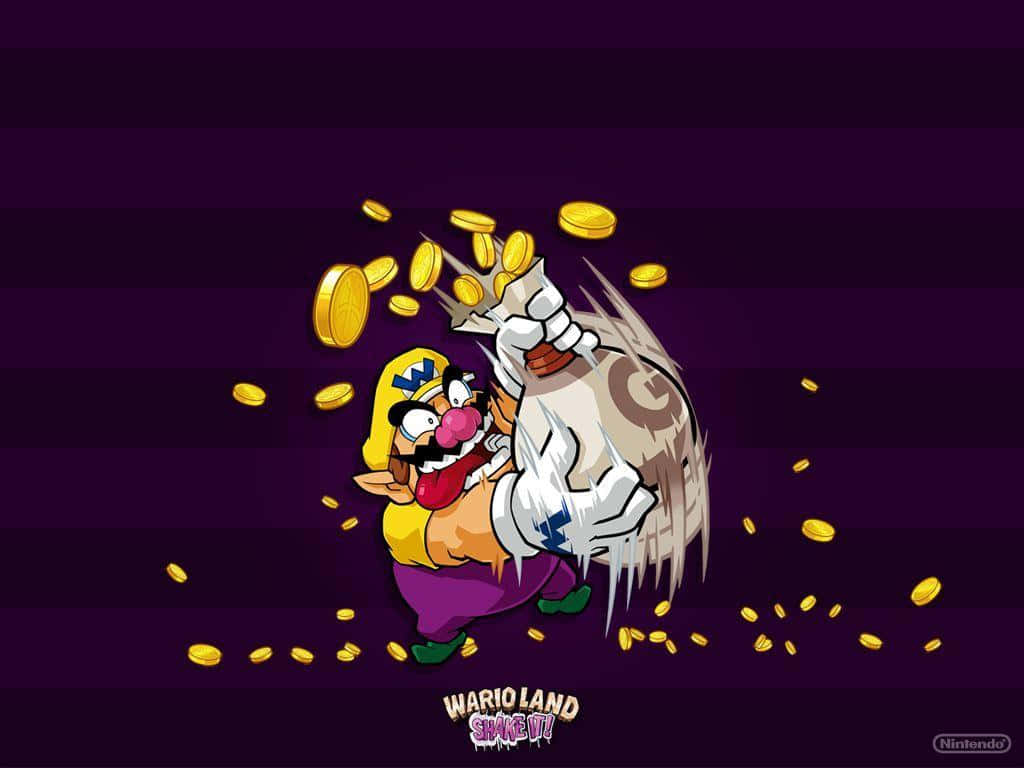 wario 桌布 壁紙 — 瓦利奧在條紋紫色背景前，狂喜地搖晃一袋金幣。