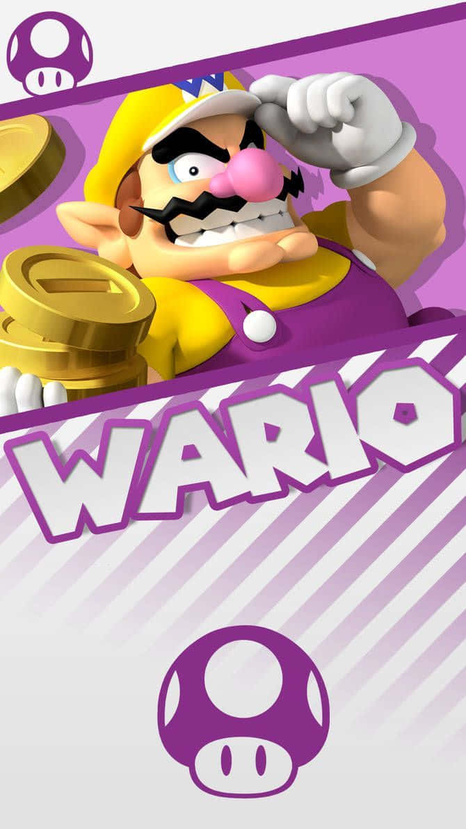 wario 桌布 壁紙 — 瓦利奧在紫色和白色條紋背景上，手持金幣，露出兇猛的笑容，並帶有他的標誌。