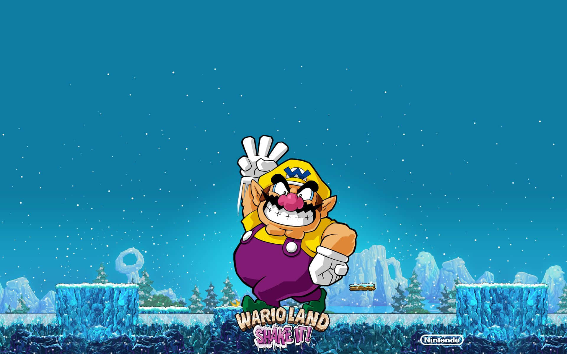 wario 桌布 壁紙 — 瓦利奧在雪景中，在繁星點點的藍綠色天空下，與冰平台和松樹一起愉快地揮手。