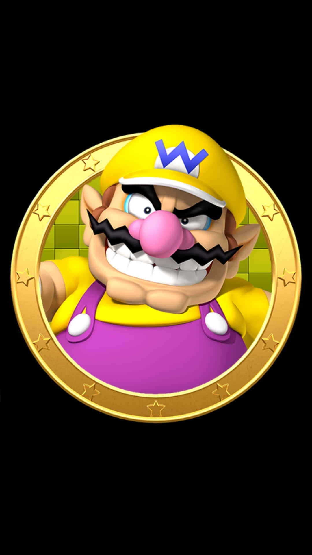 wario 桌布 壁紙 — 瓦利奧在黑色背景上的金色硬幣框架內兇狠地咧嘴笑。