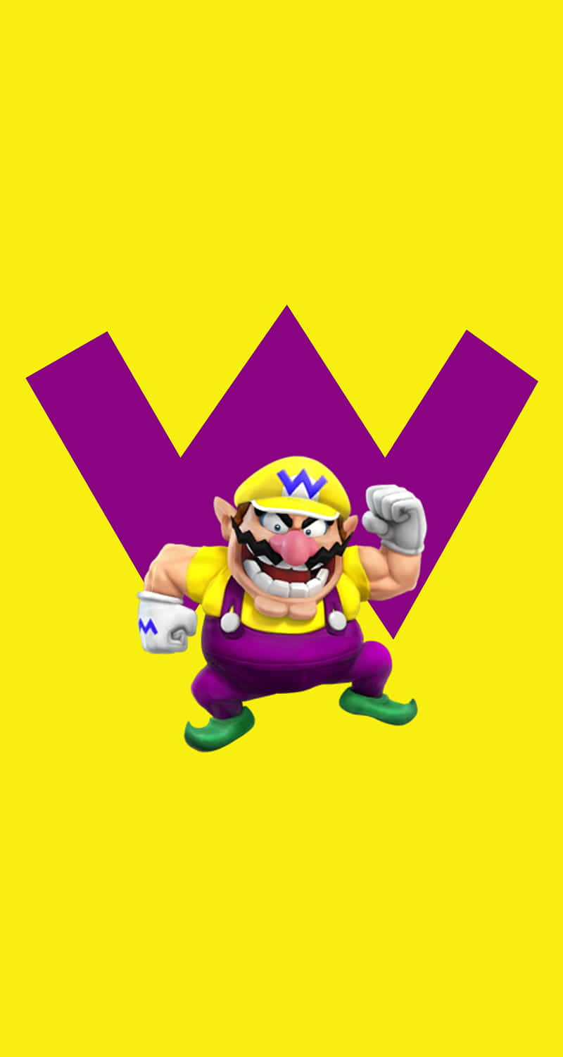wario 桌布 壁紙 — 瓦利奧挑釁地站在一個巨大的紫色W前面，背景是明亮的黃色。