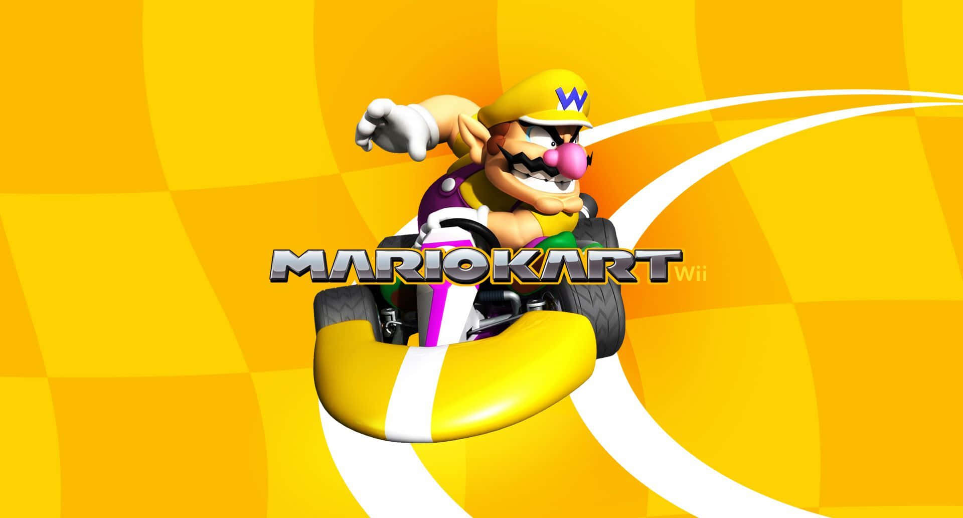 wario 桌布 壁紙 — 瓦利奧駕駛他的黃色卡丁車，在充滿活力的黃色格仔背景上留下白色運動軌跡。