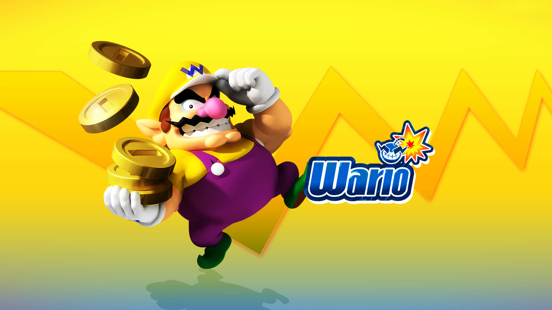 wario 桌布 壁紙 — 瓦利歐在鮮黃色背景上充滿活力地跳躍，緊緊抓著一堆金幣。