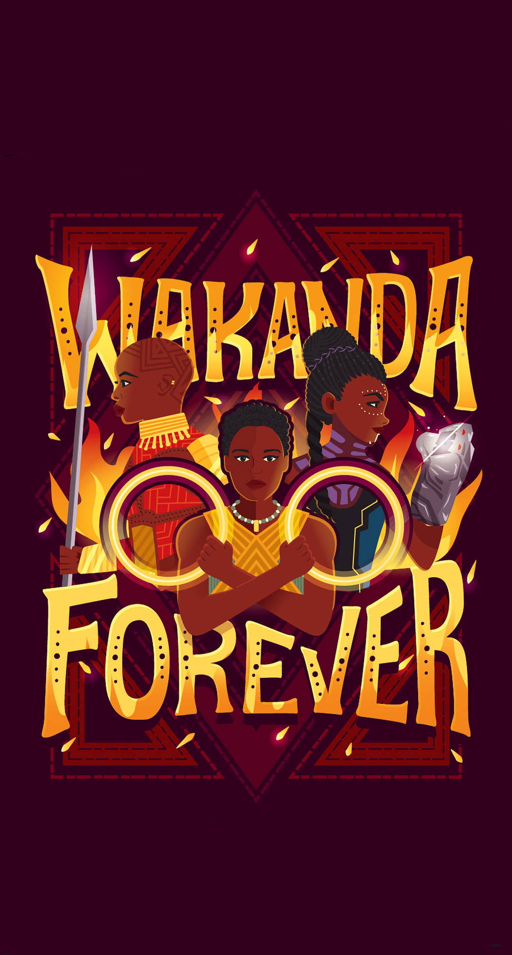 三名瓦干達戰士手持武器和珠寶，站在 'Wakanda Forever' 文字後面。