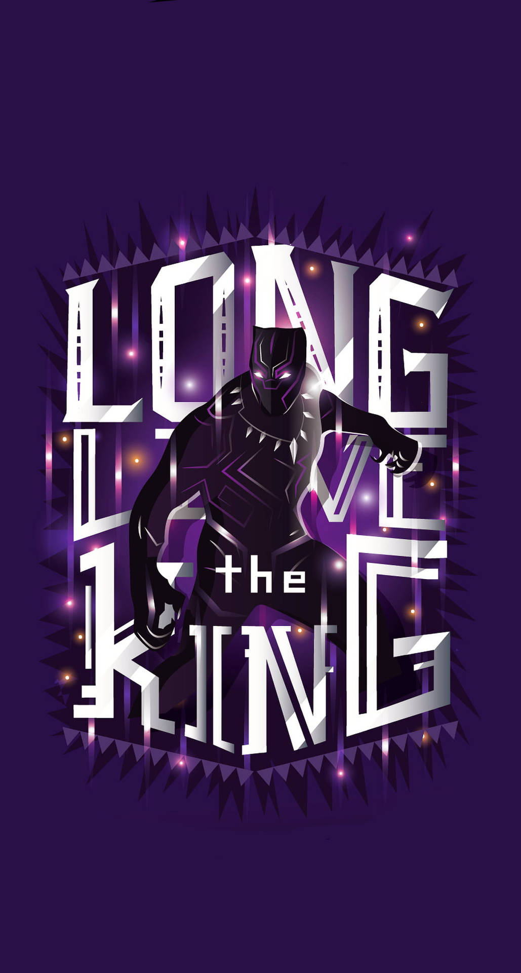 黑豹圖案，紫色背景上帶有發光白色「Long Live the King」文字。