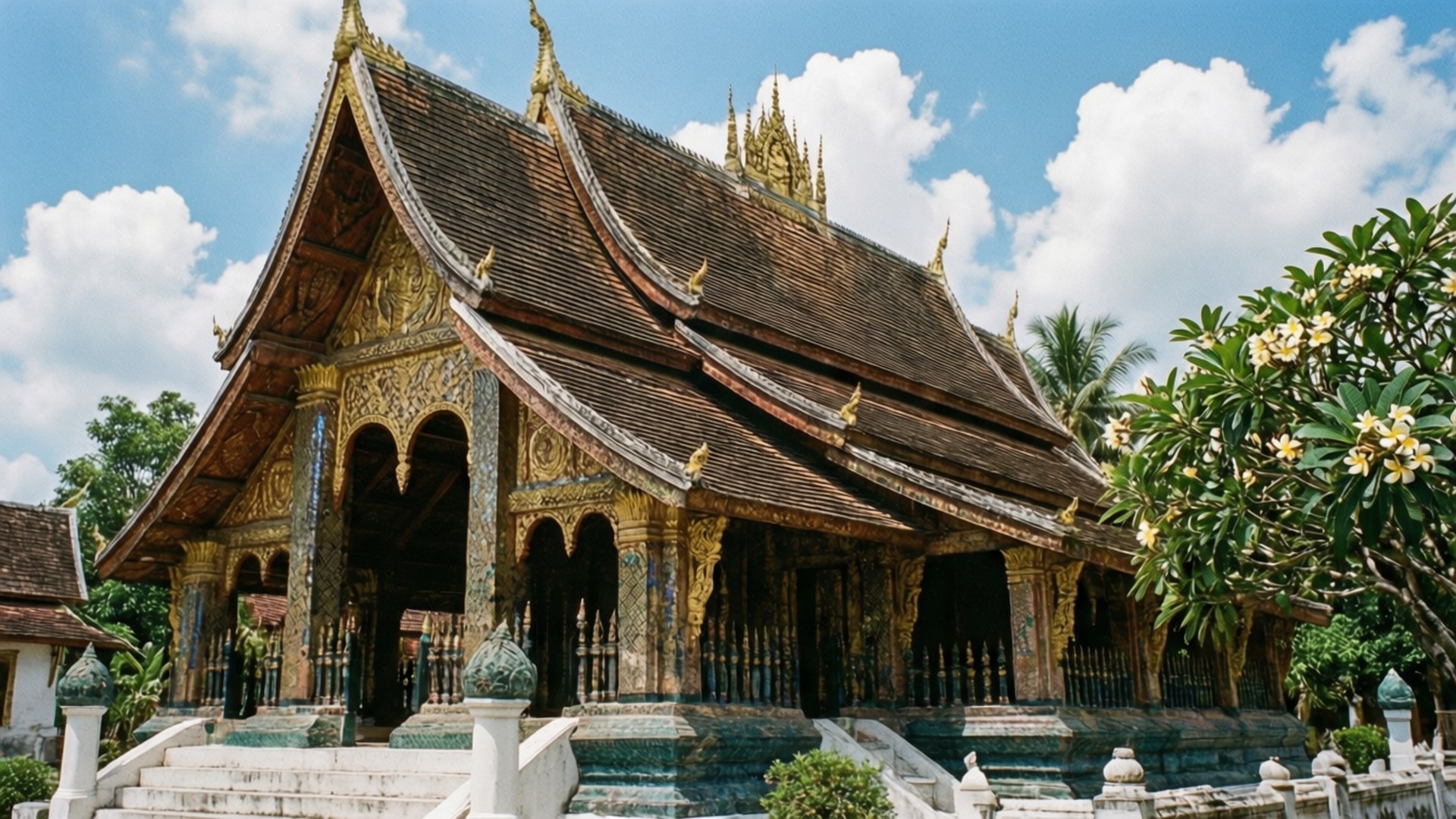 金色寺廟，分層屋頂，周圍環繞樹木和藍天