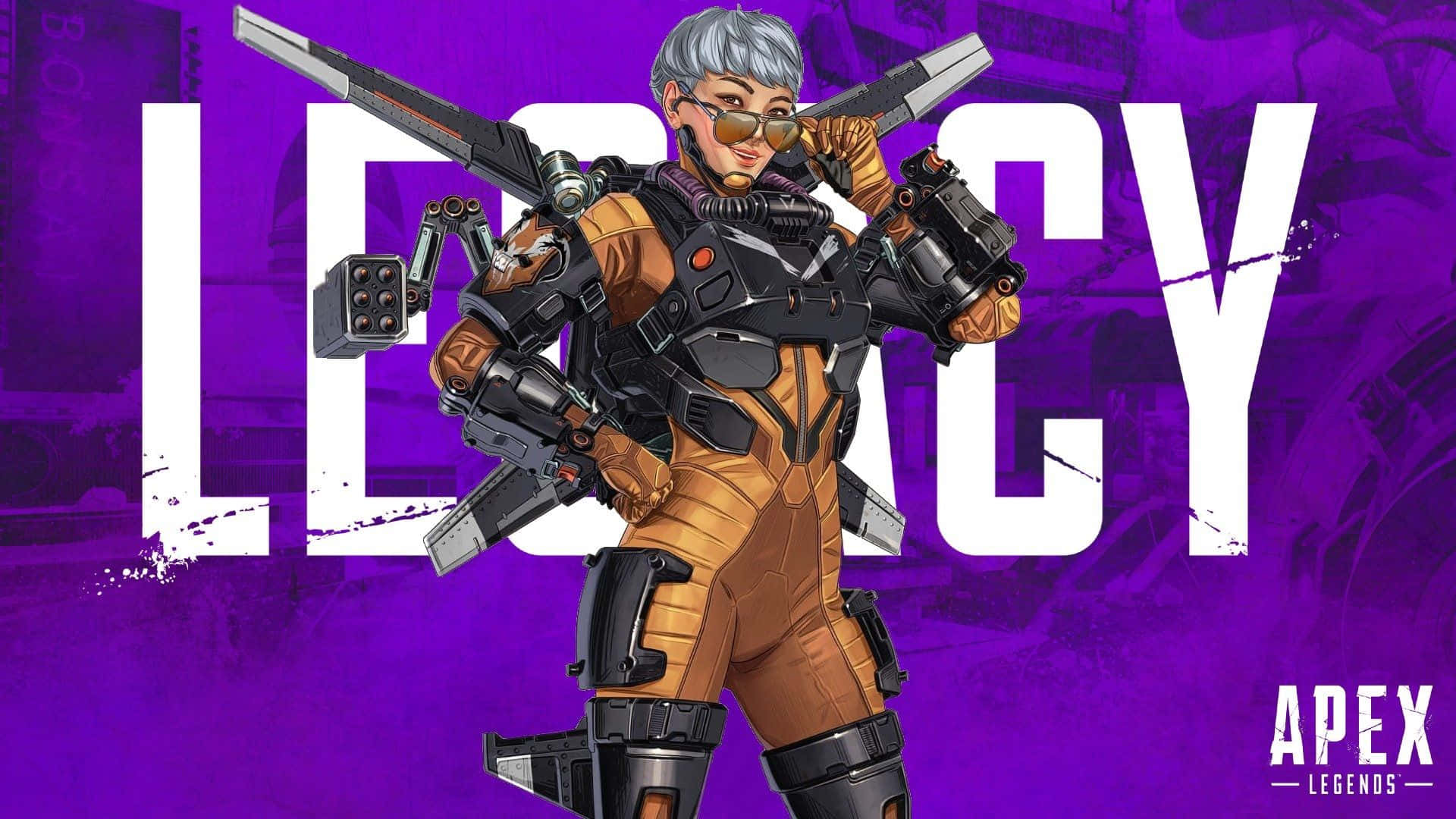 一位身穿戰鬥裝備的Apex Legends女性角色，在紫色背景前手持兩把武器。