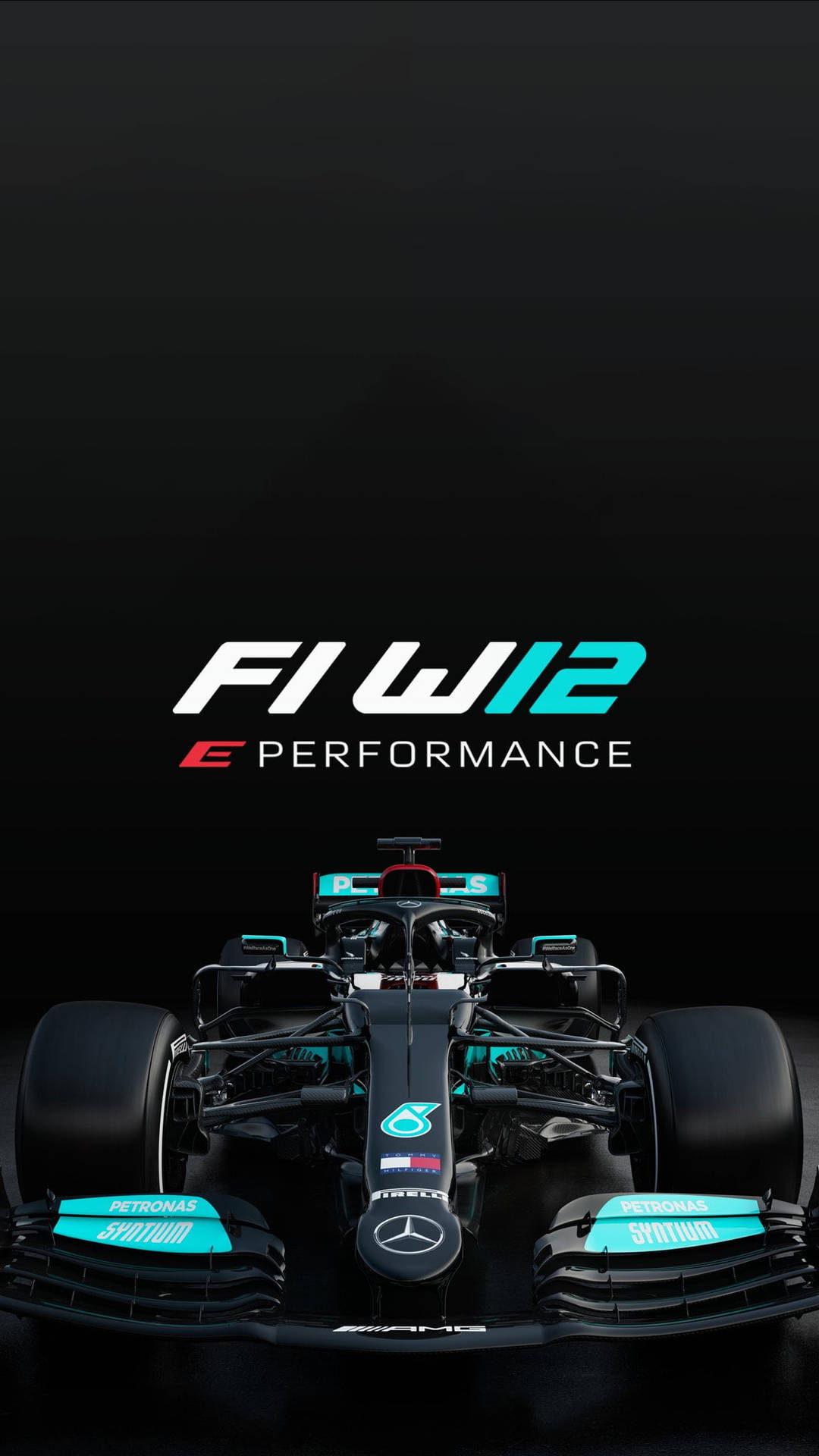 一級方程式賽車的前視圖，帶有 F1 W12 E PERFORMANCE 品牌標識。