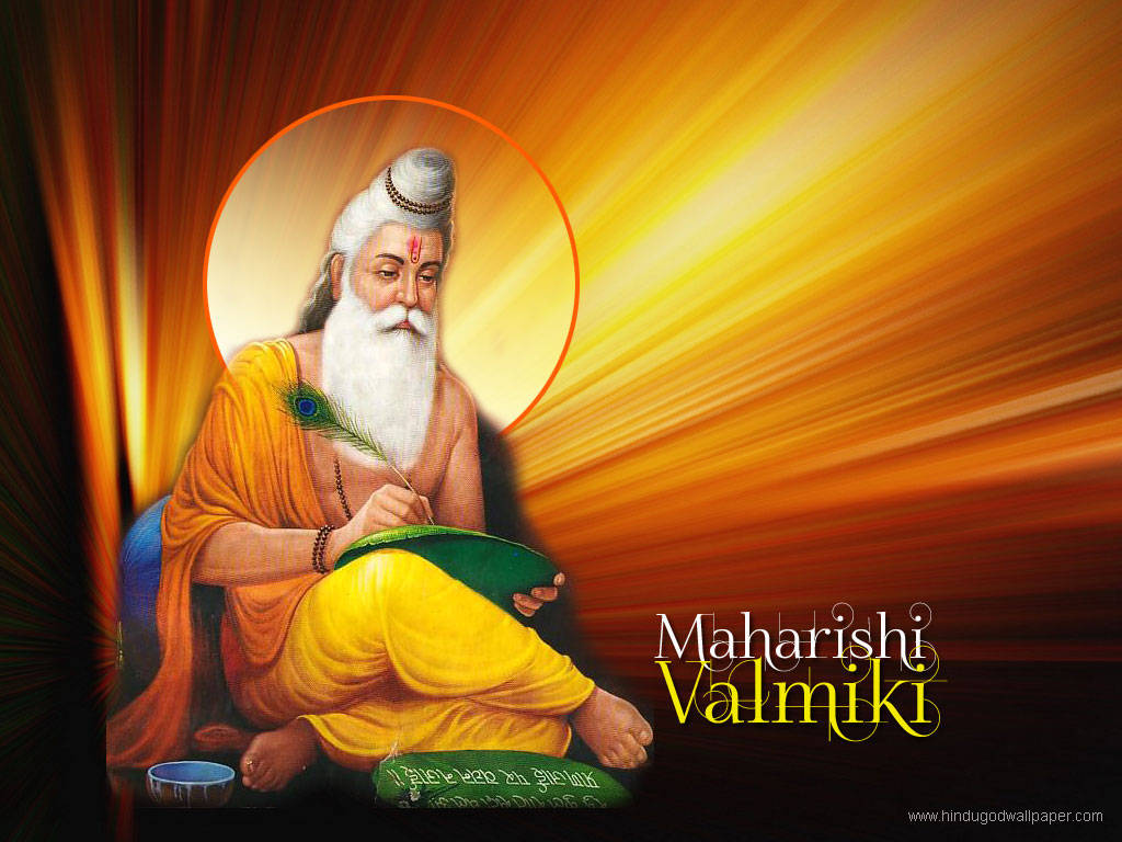Maharishi Valmiki用孔雀羽毛筆書寫神聖經文。
