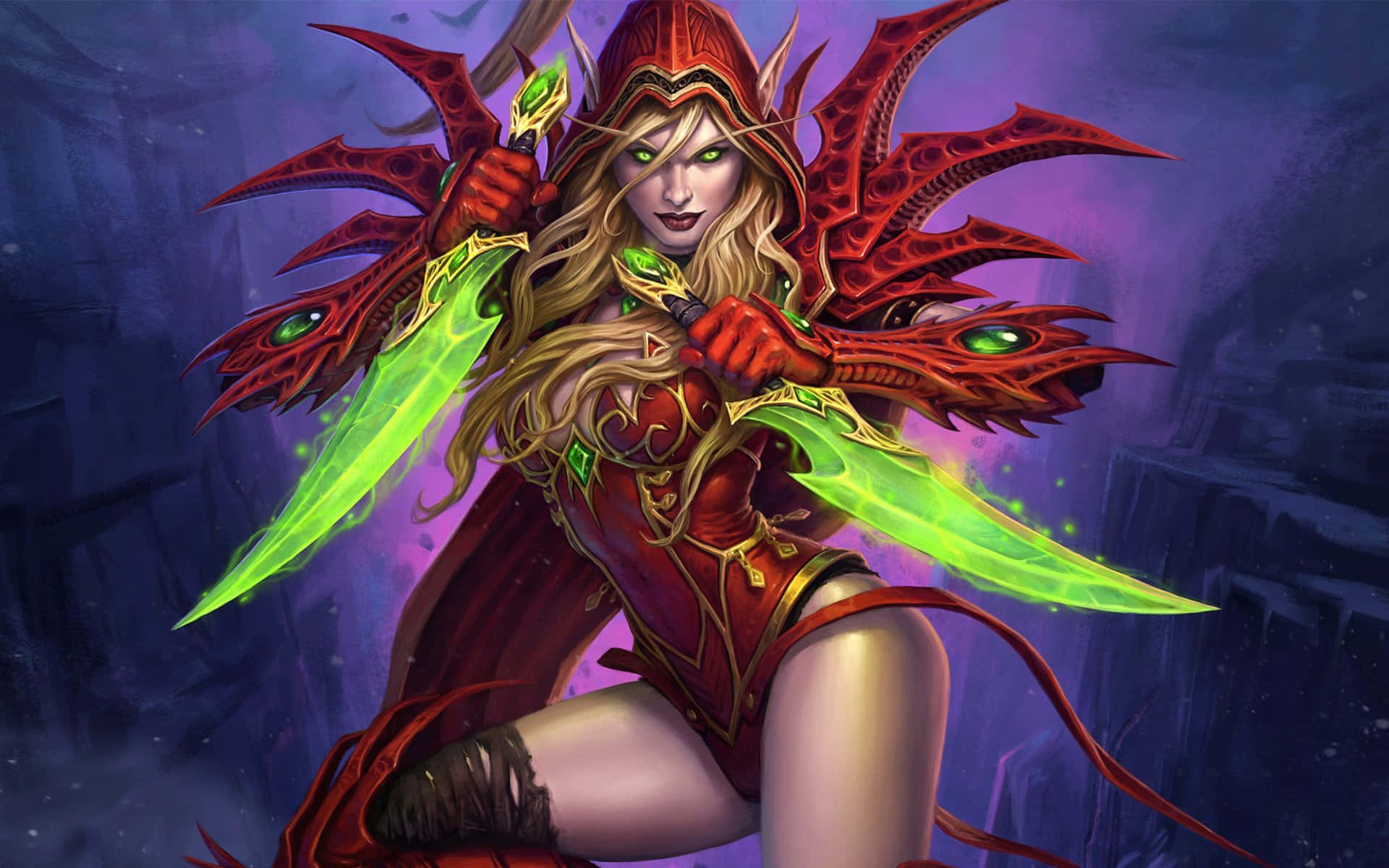 幻想惡魔獵人，在黑暗廢墟中手持發光刀刃和紅色翅膀。