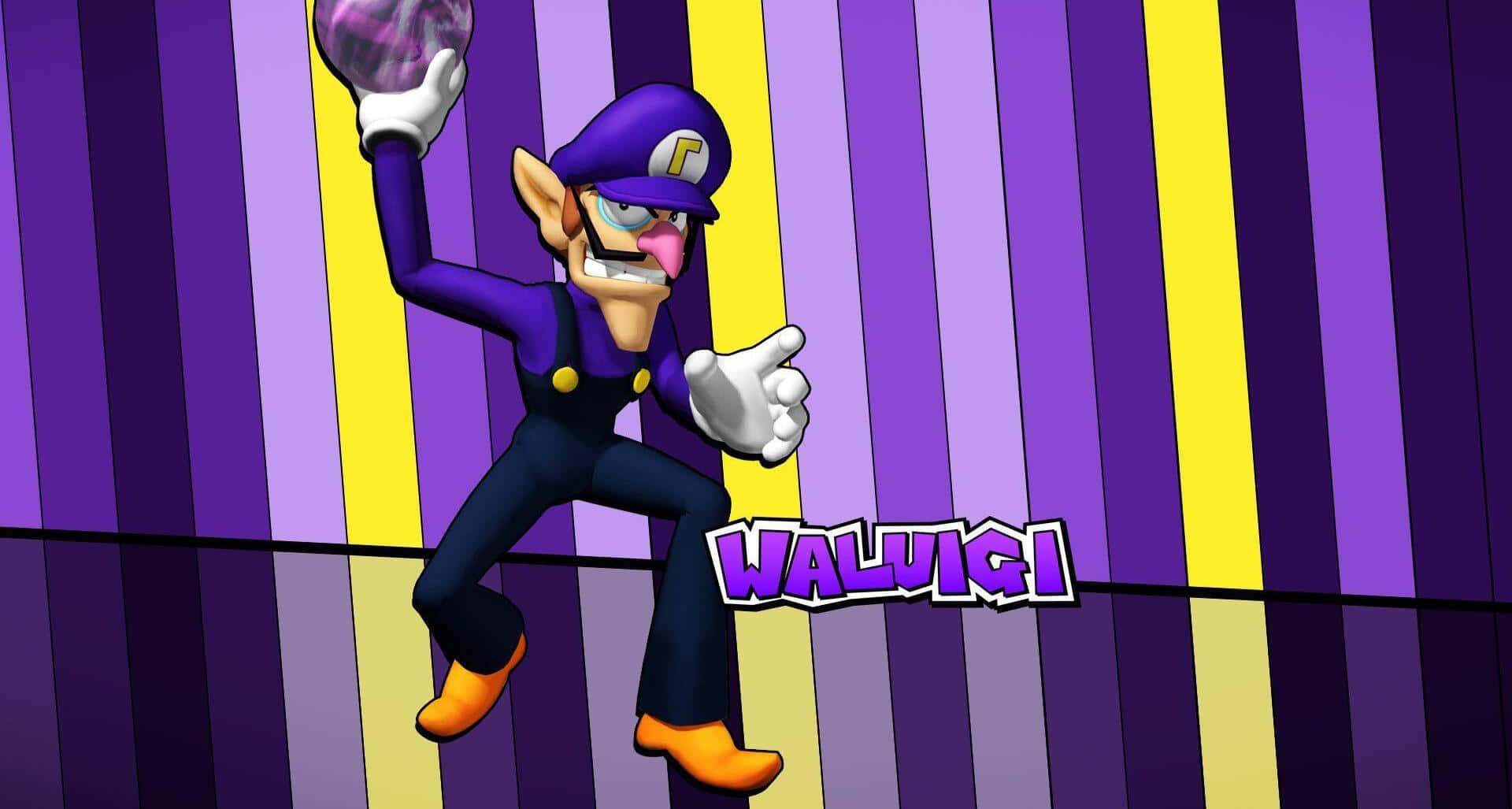 Waluigi 桌布 壁紙 — 瓦路易吉以動感姿態手持紫色球，背景為大膽的紫色和黃色條紋。