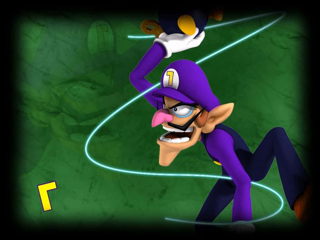 Waluigi 桌布 壁紙 — 瓦路易吉以動態姿勢揮動發光球拍，背景為帶紋理的綠色。