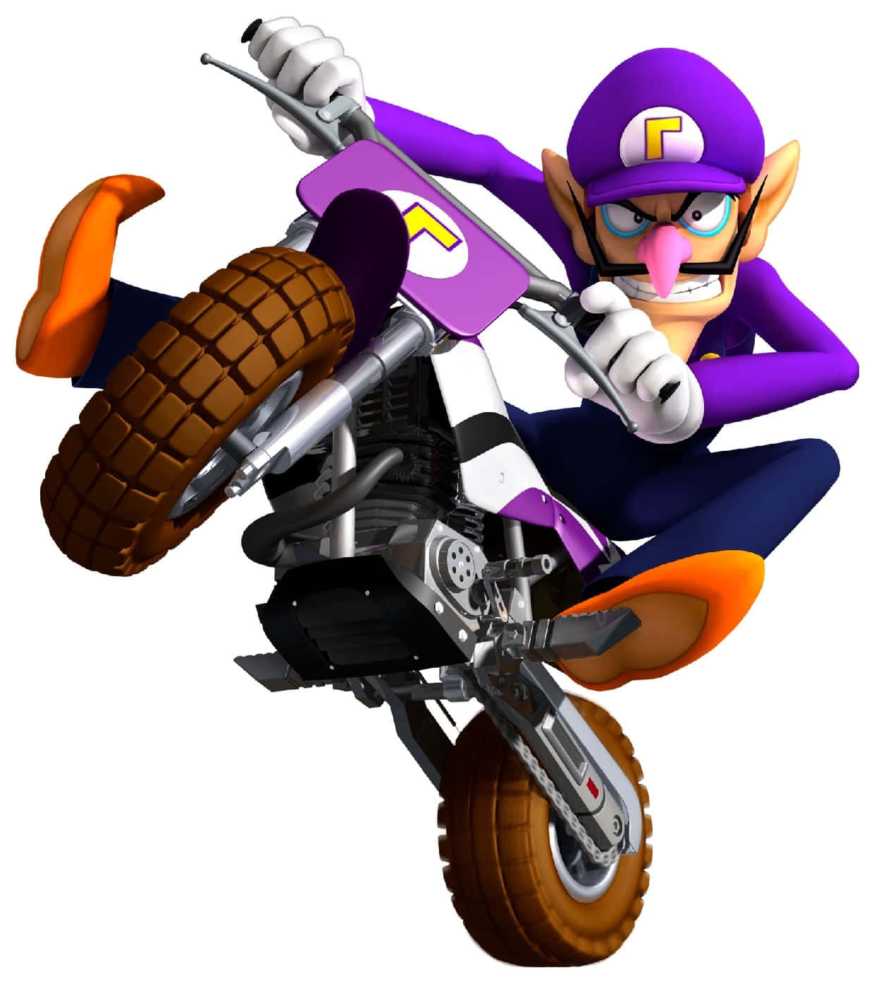 瓦路易吉以經典造型於彩色幾何背景前亮相 壁紙 — Waluigi 喺紫色同橙色嘅越野電單車上表演大膽嘅後輪平衡，露出兇猛嘅笑容。